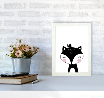 Scandi Black Fox With Crown Framed Nursey Wall Art Print A4 Oak Frame
