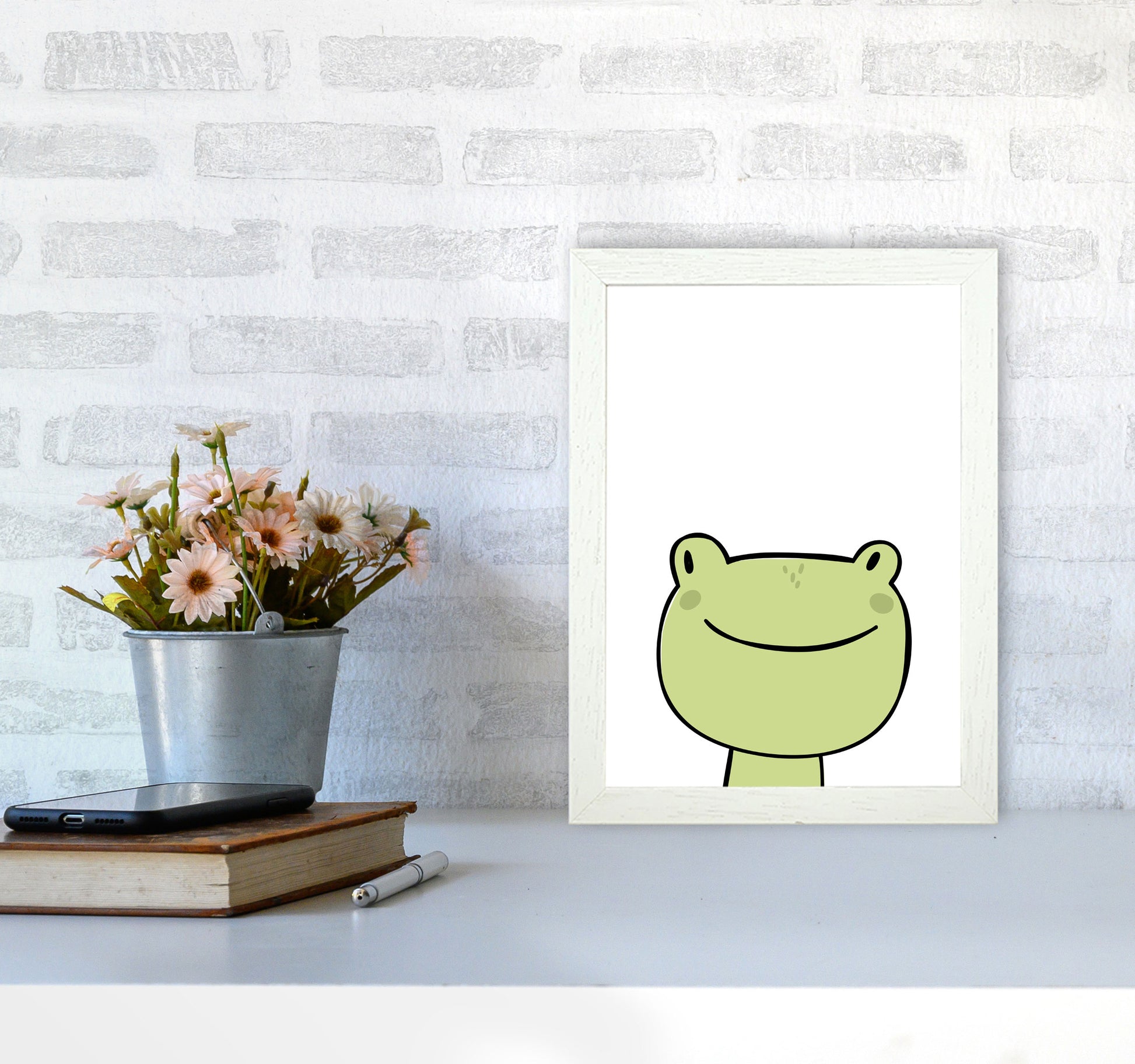 Scandi Frog Framed Nursey Wall Art Print A4 Oak Frame