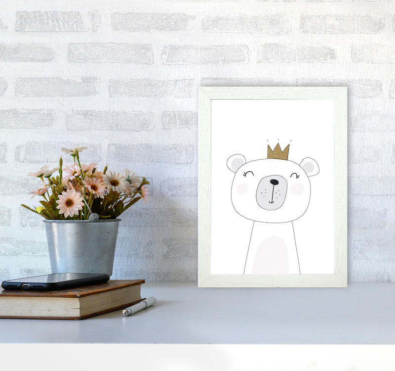 Scandi Cute Bear With Crown Framed Nursey Wall Art Print A4 Oak Frame