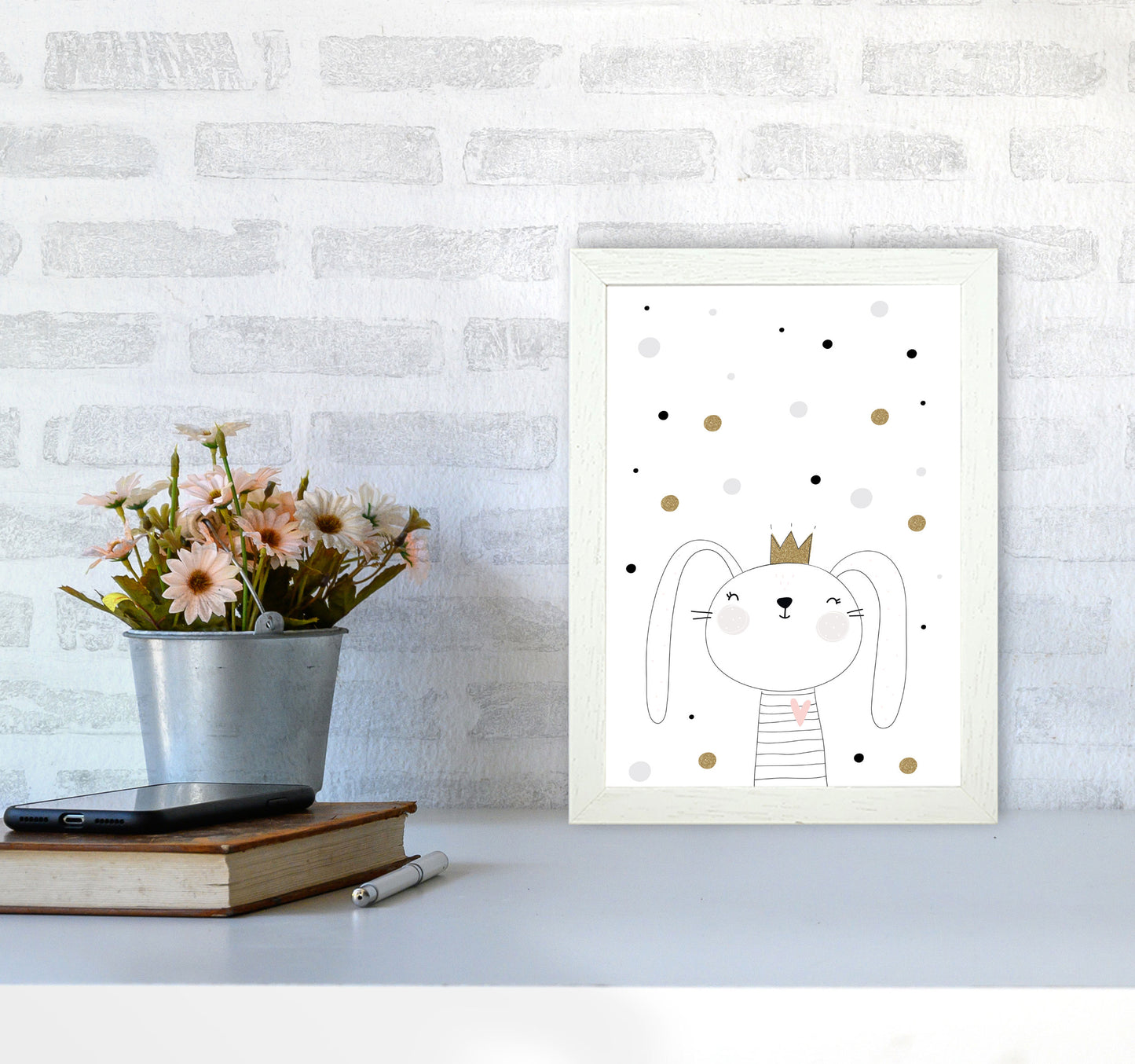 Scandi Cute Bunny With Crown And Polka Dots Modern Print A4 Oak Frame