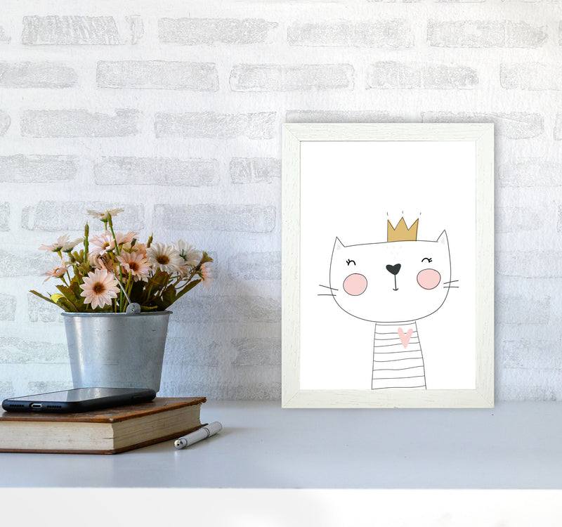 Scandi Cute Cat With Crown Framed Nursey Wall Art Print A4 Oak Frame