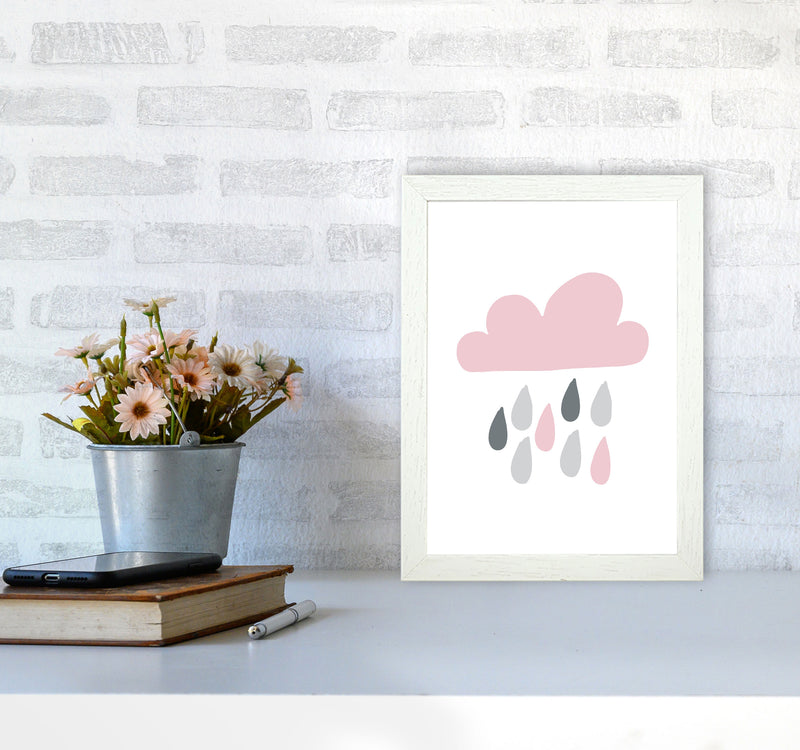 Pink And Grey Rain Cloud Framed Nursey Wall Art Print A4 Oak Frame