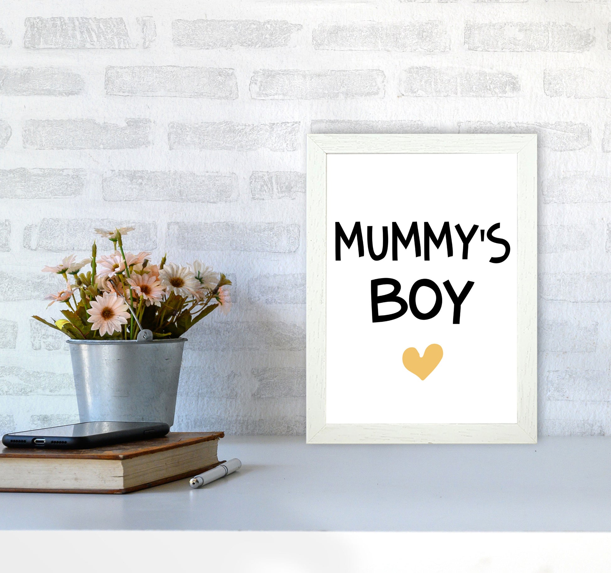 Mummy&#39;s Boy Mustard Framed Nursey Wall Art Print A4 Oak Frame