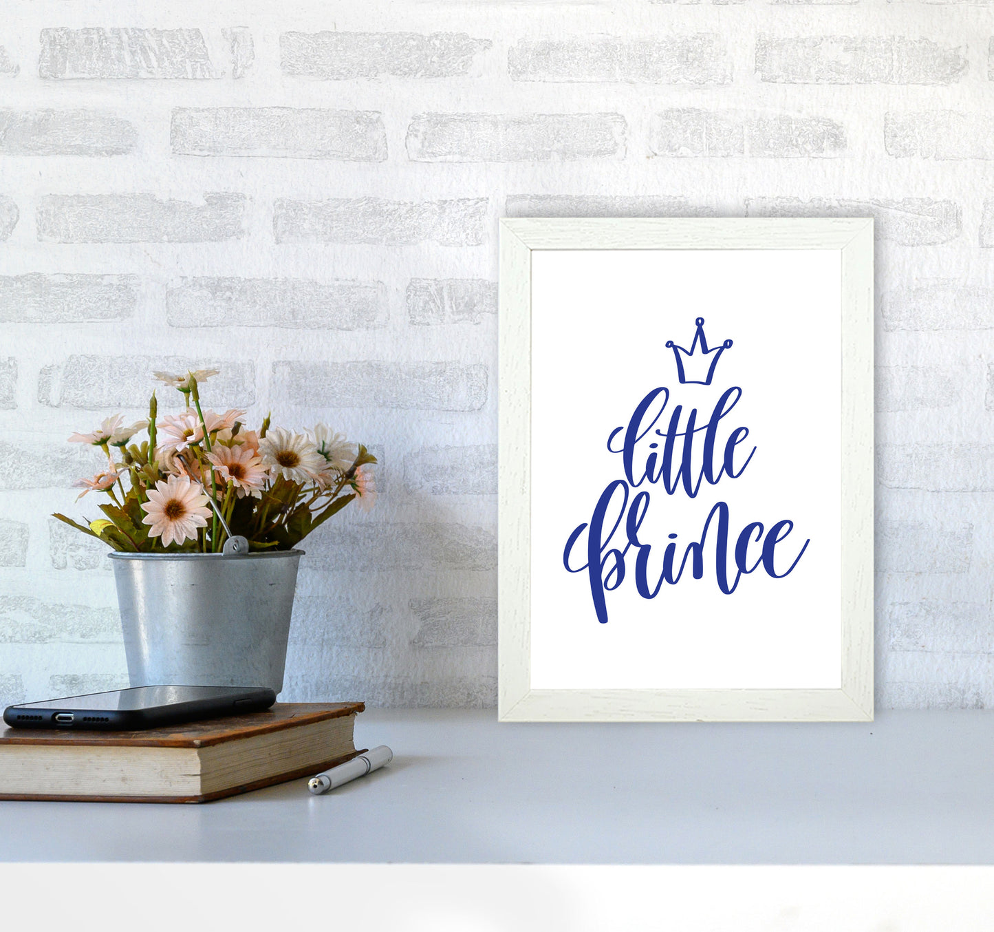 Little Prince Navy Framed Nursey Wall Art Print A4 Oak Frame