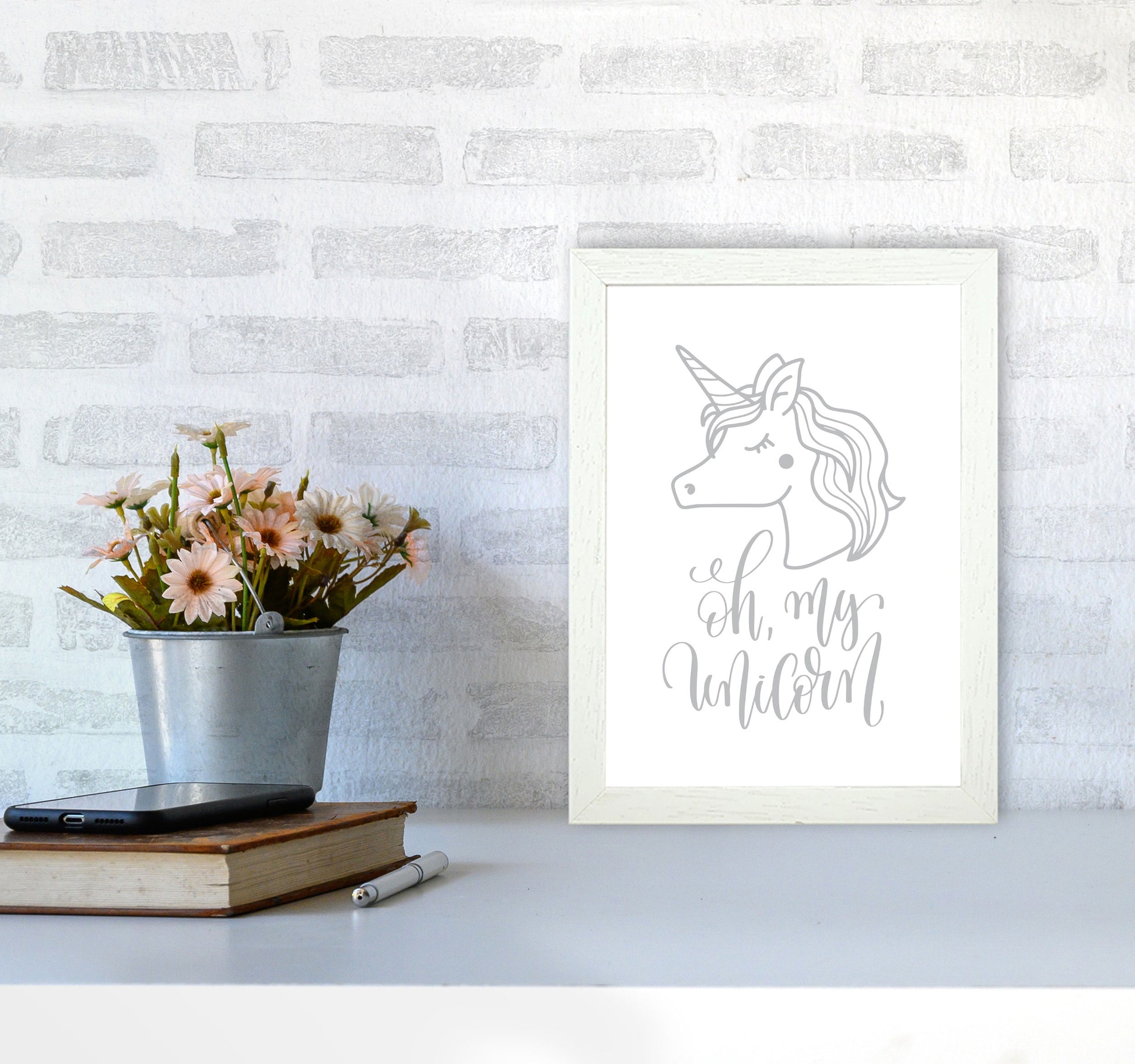 Oh My Unicorn Grey Framed Nursey Wall Art Print A4 Oak Frame