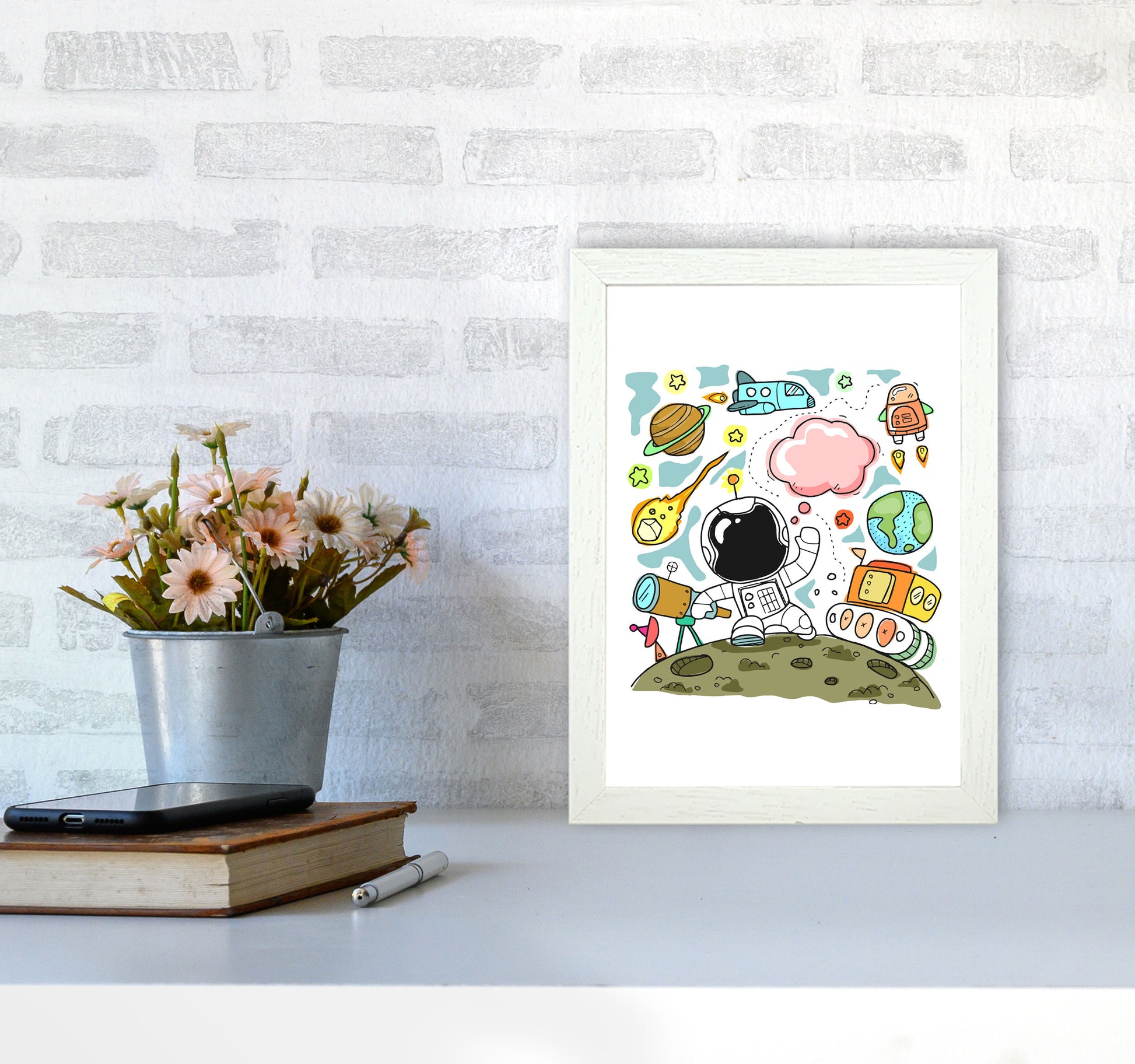 Space Illustration Framed Nursey Wall Art Print A4 Oak Frame