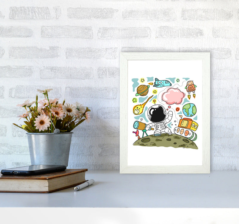 Space Illustration Framed Nursey Wall Art Print A4 Oak Frame