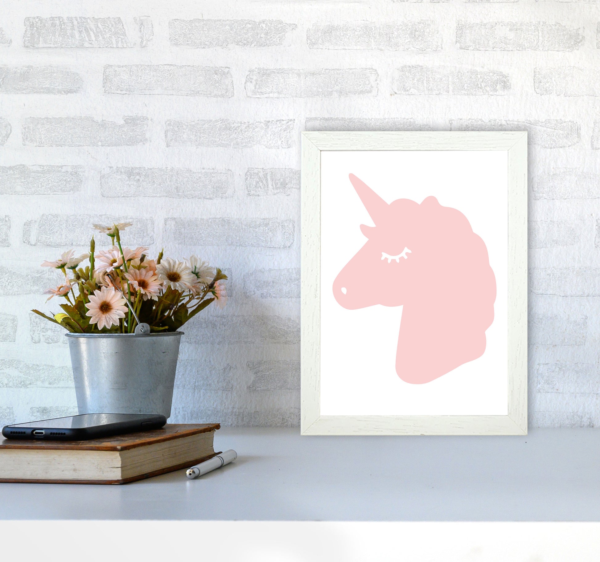 Pink Unicorn Head Modern Print Animal Art Print A4 Oak Frame