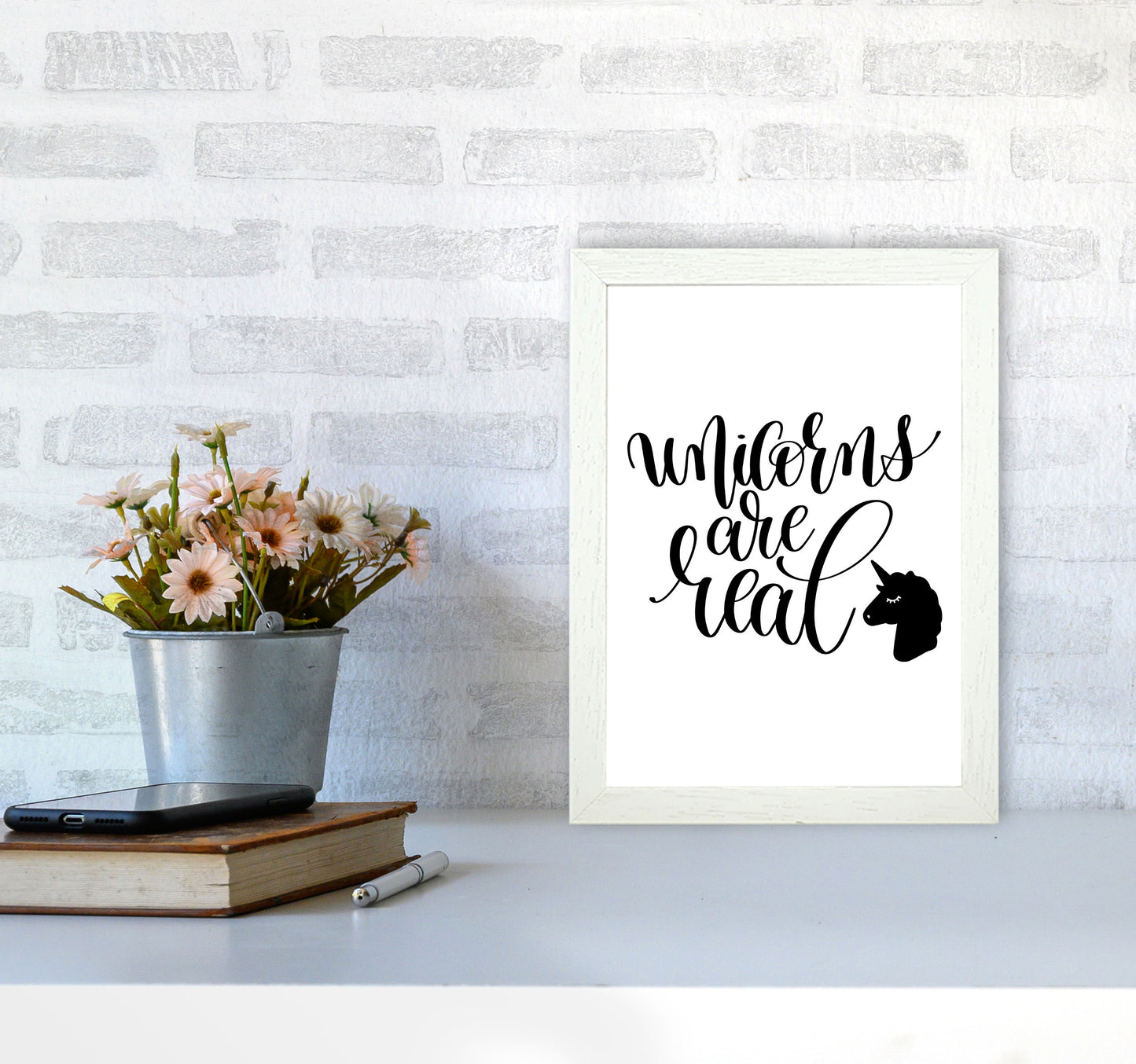 Unicorns Are Real Black Framed Nursey Wall Art Print A4 Oak Frame