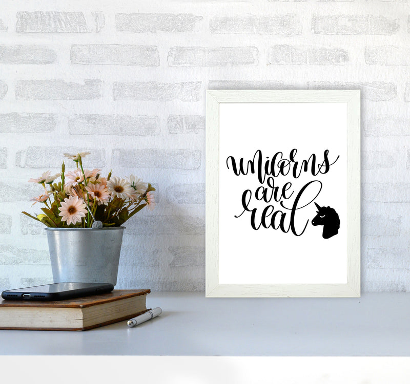 Unicorns Are Real Black Framed Nursey Wall Art Print A4 Oak Frame