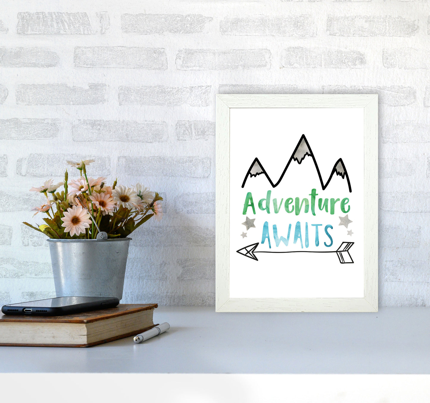 Adventure Awaits Watercolour Modern Print A4 Oak Frame
