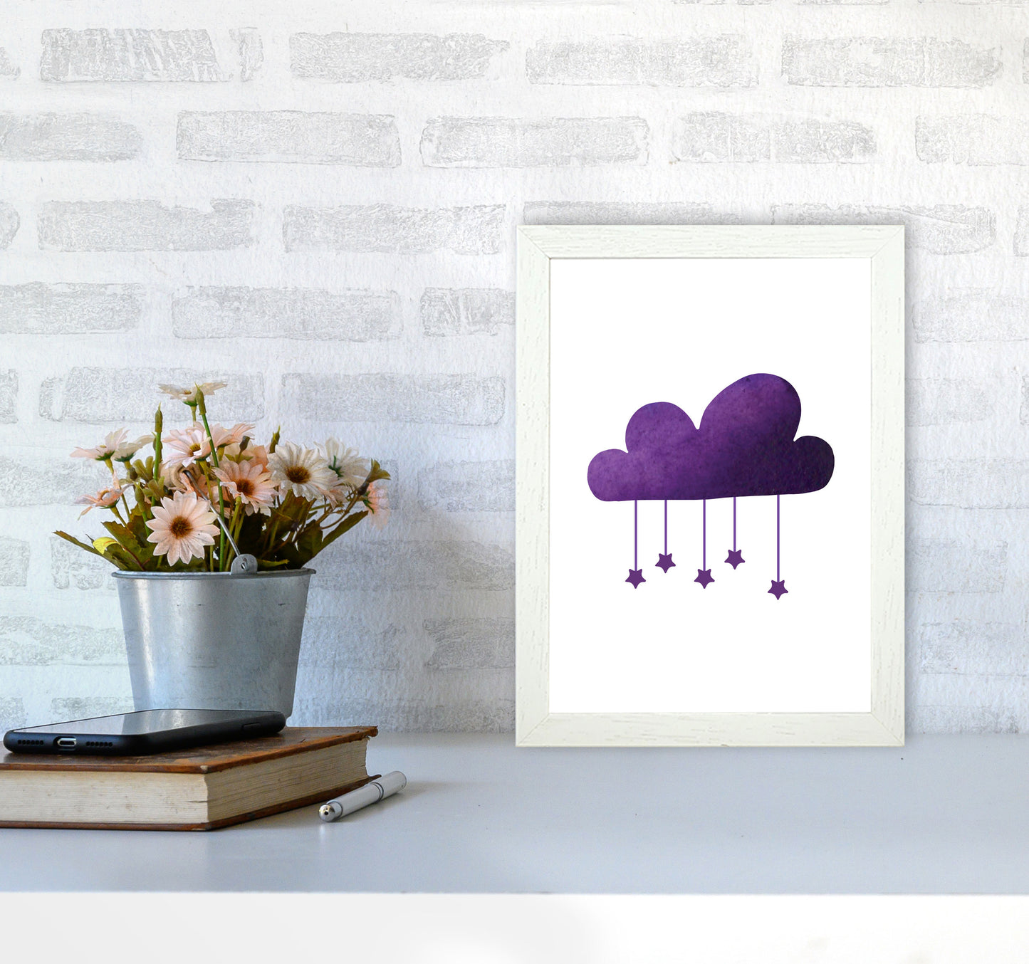 Purple Cloud Watercolour Modern Print A4 Oak Frame
