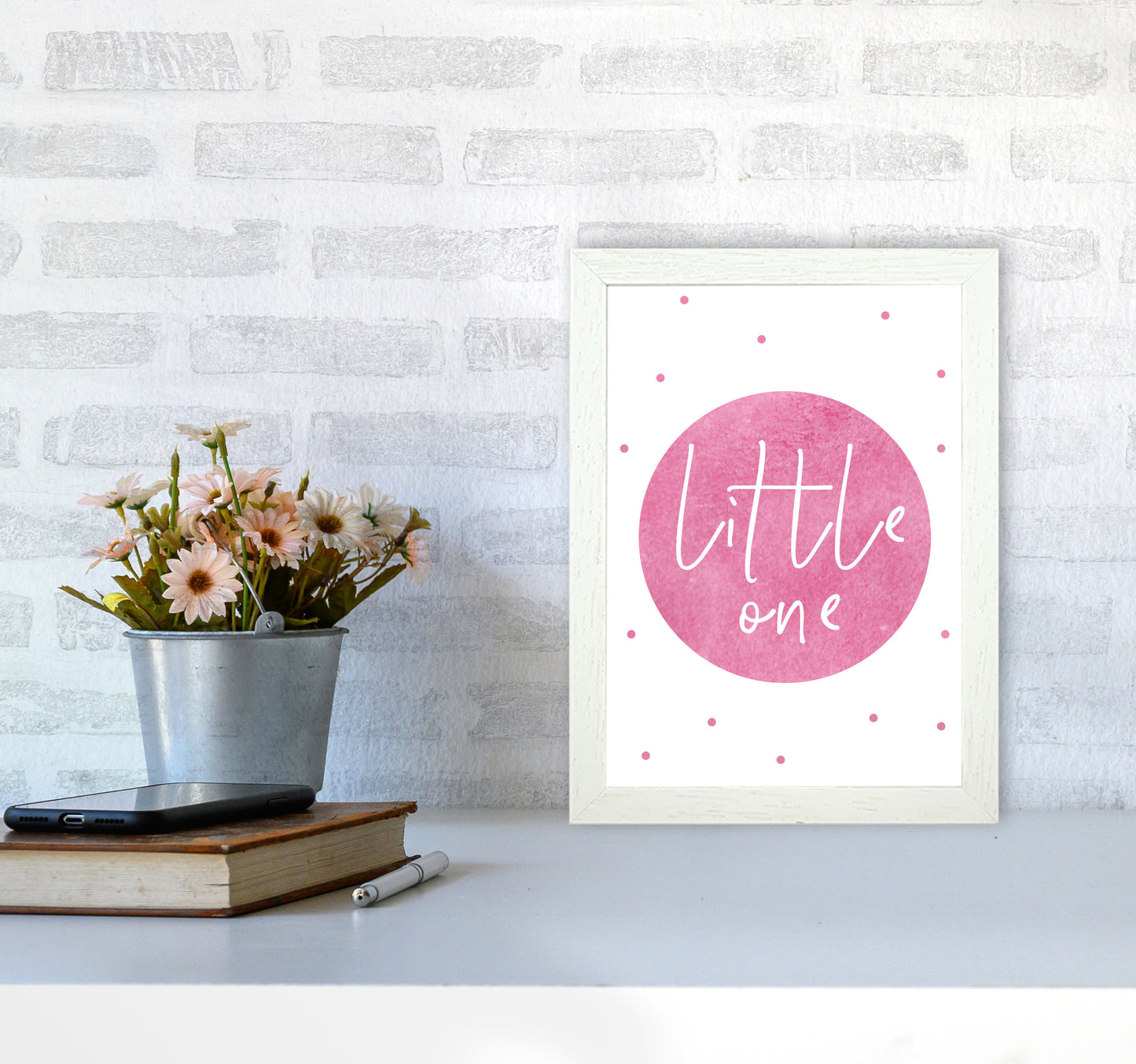 Little One Pink Watercolour Modern Print A4 Oak Frame