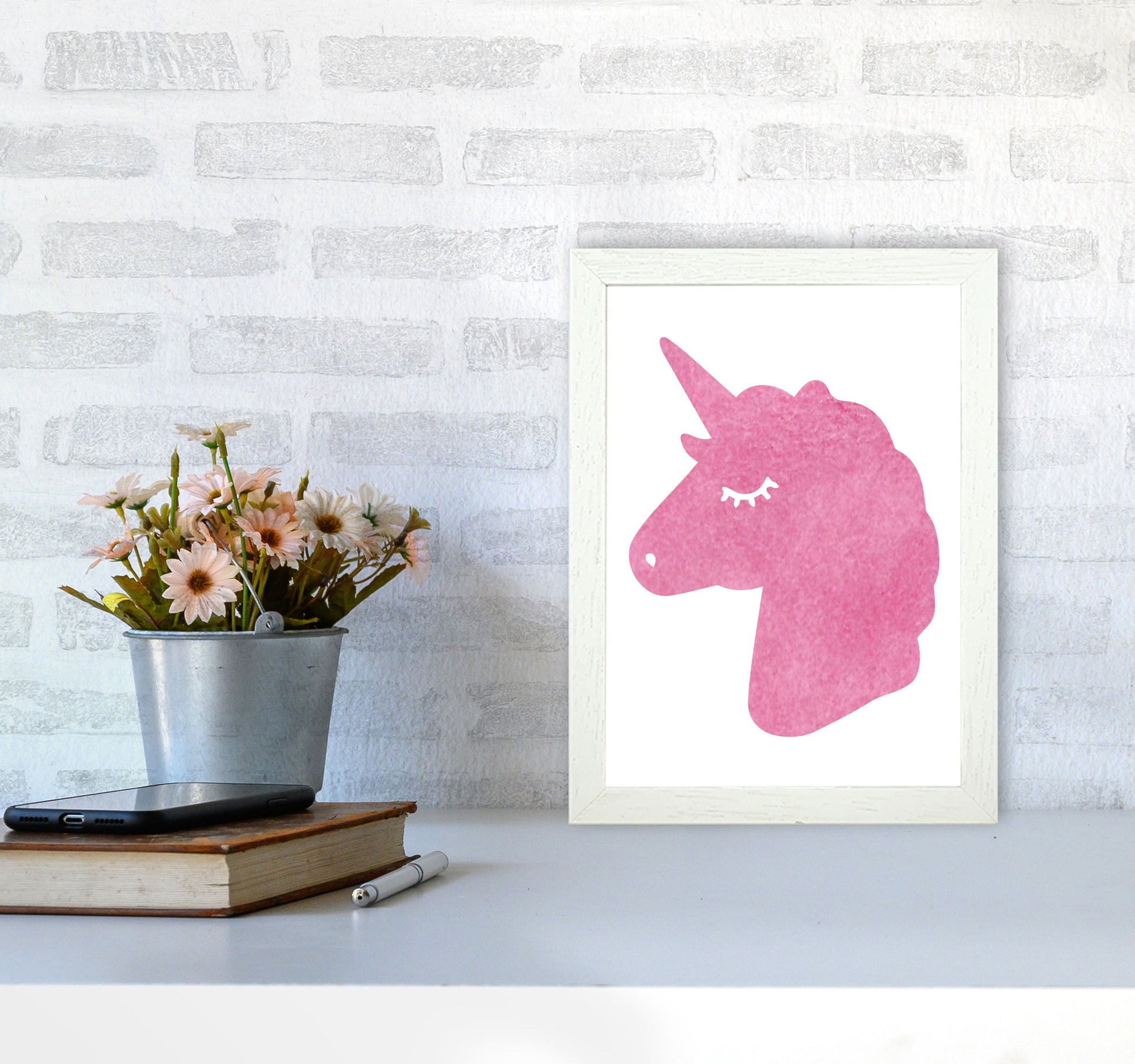 Unicorn Pink Silhouette Watercolour Modern Print A4 Oak Frame