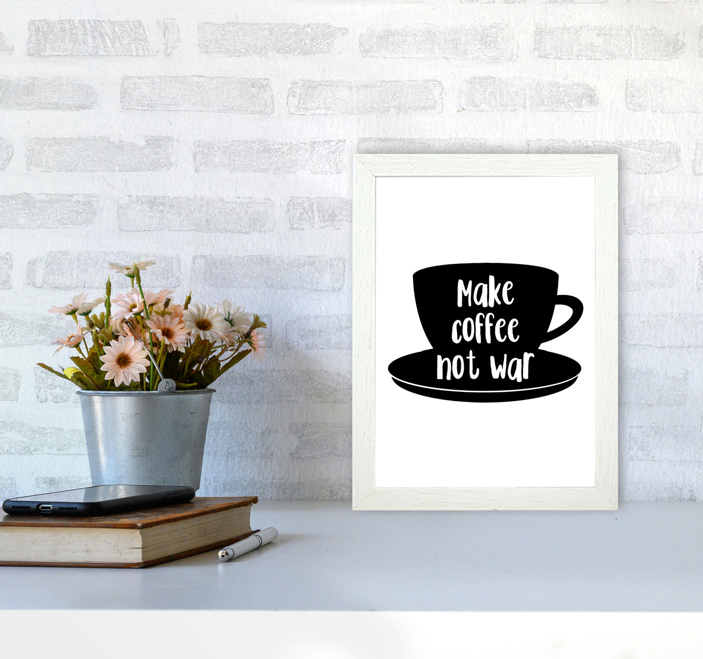Make Coffee Not War Modern Print, Framed Kitchen Wall Art A4 Oak Frame
