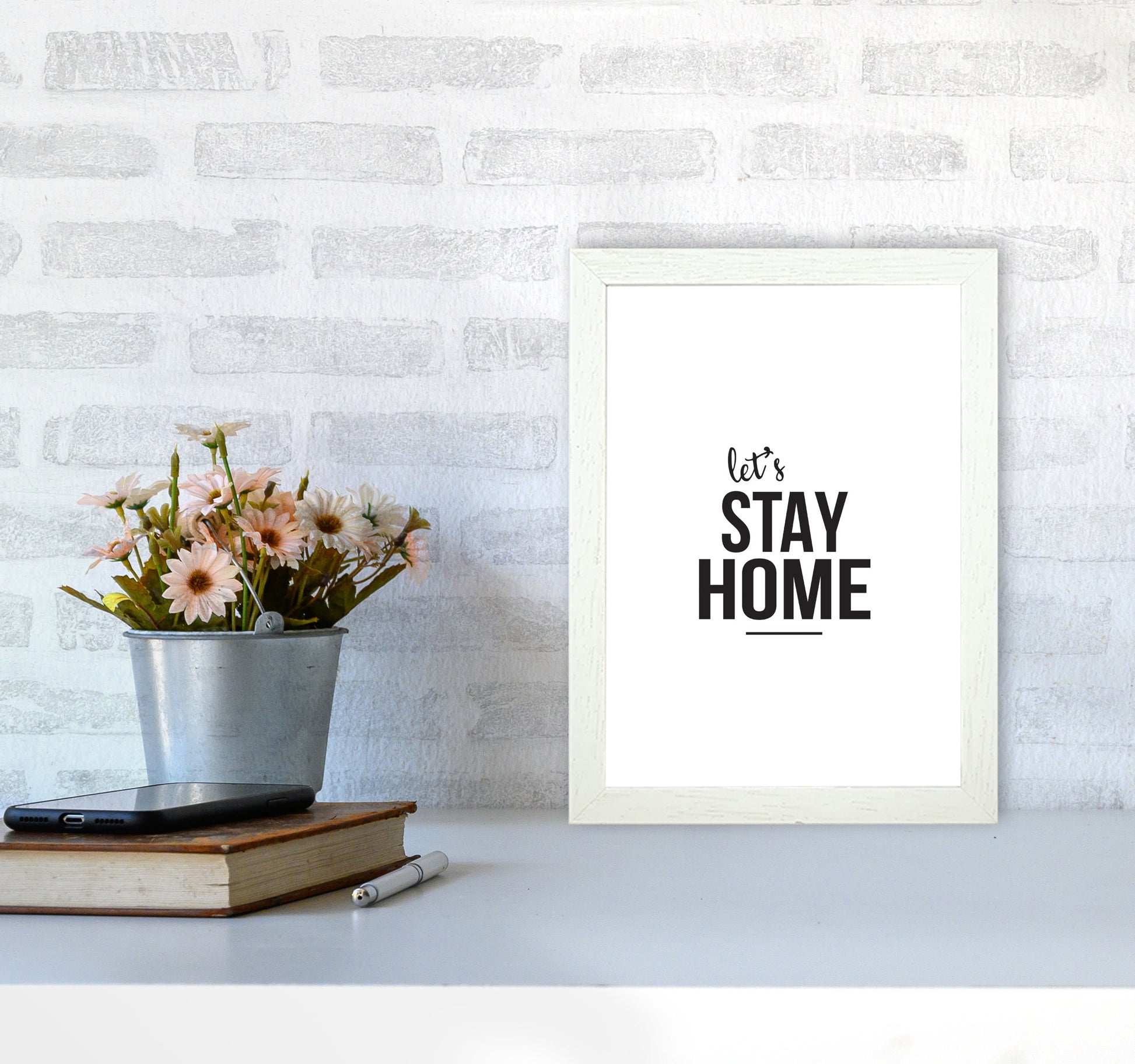 Let&#39;s Stay Home Framed Typography Wall Art Print A4 Oak Frame
