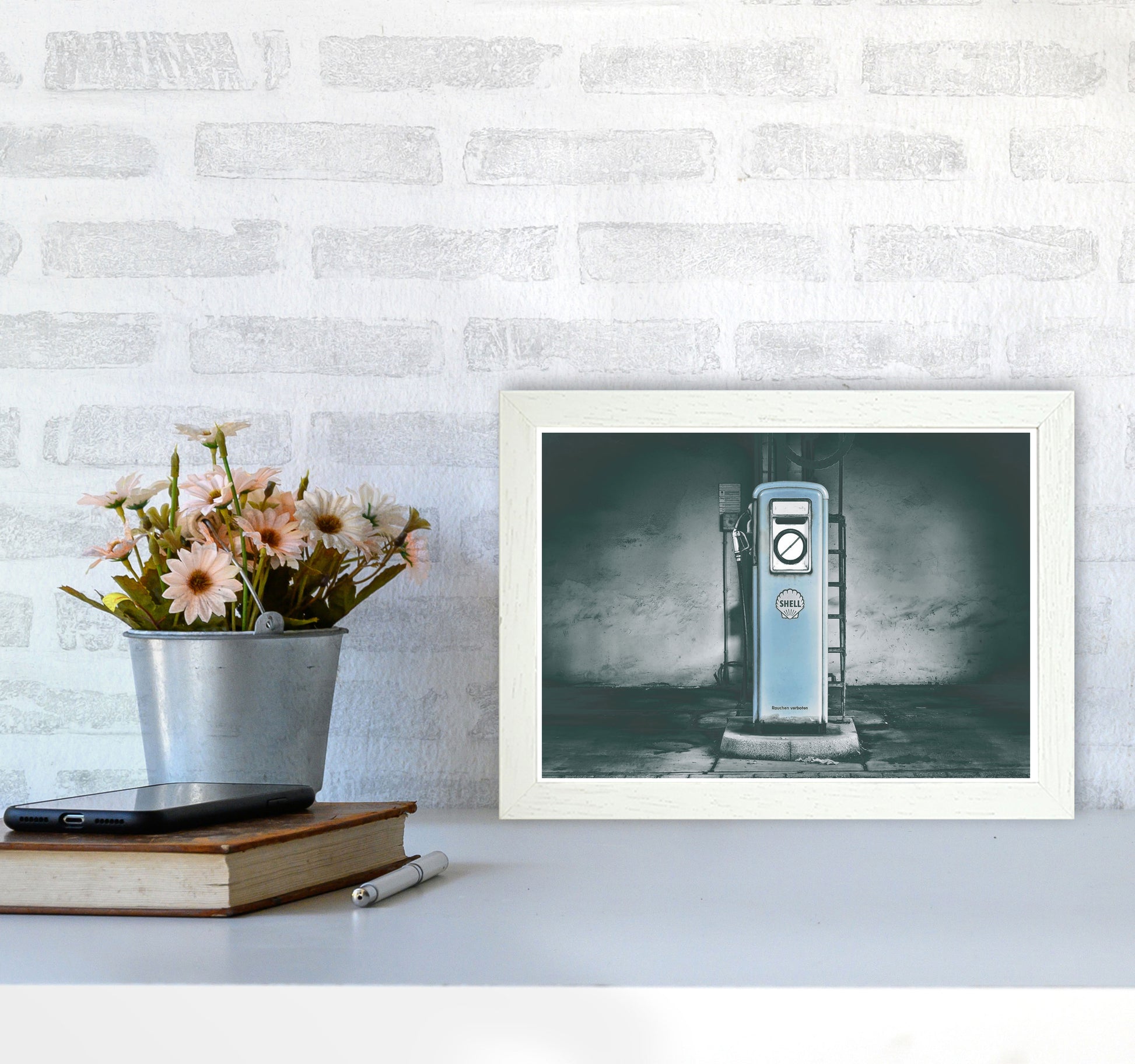 Little Blue Gas Pump Modern Print A4 Oak Frame