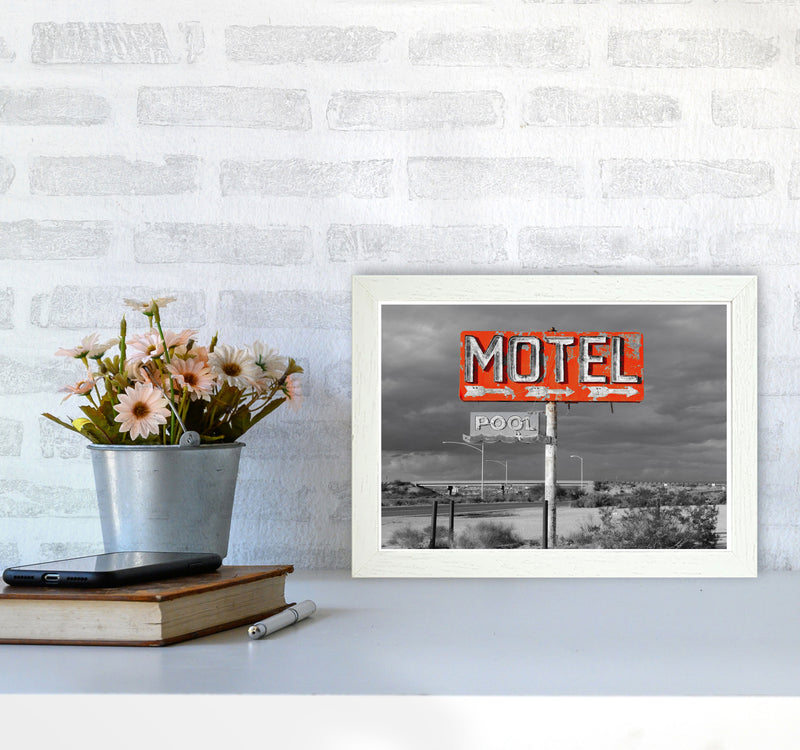 Red Motel Sign Modern Print A4 Oak Frame