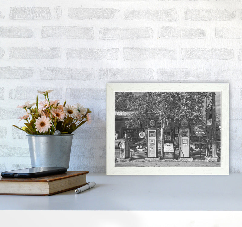 Retro Black And White Gas Pumps Modern Print A4 Oak Frame