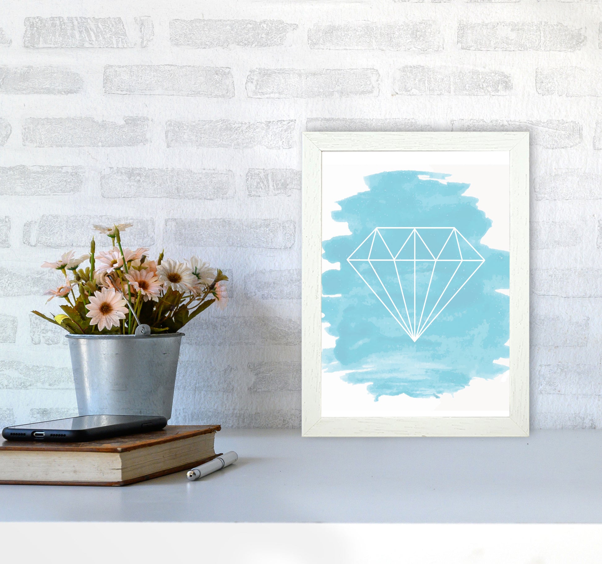 Geo Diamond Light Blue Watercolour Modern Print A4 Oak Frame