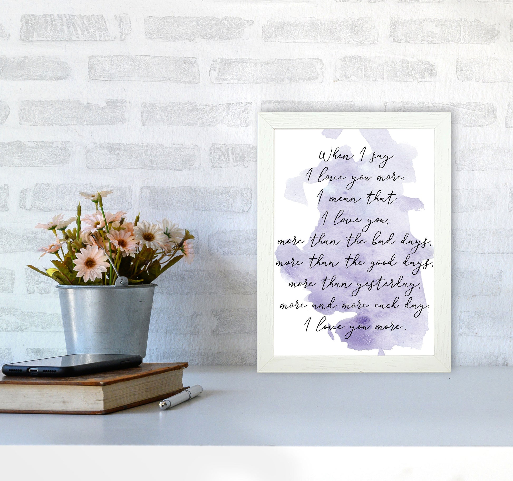 Love You More Purple Watercolour Modern Print A4 Oak Frame