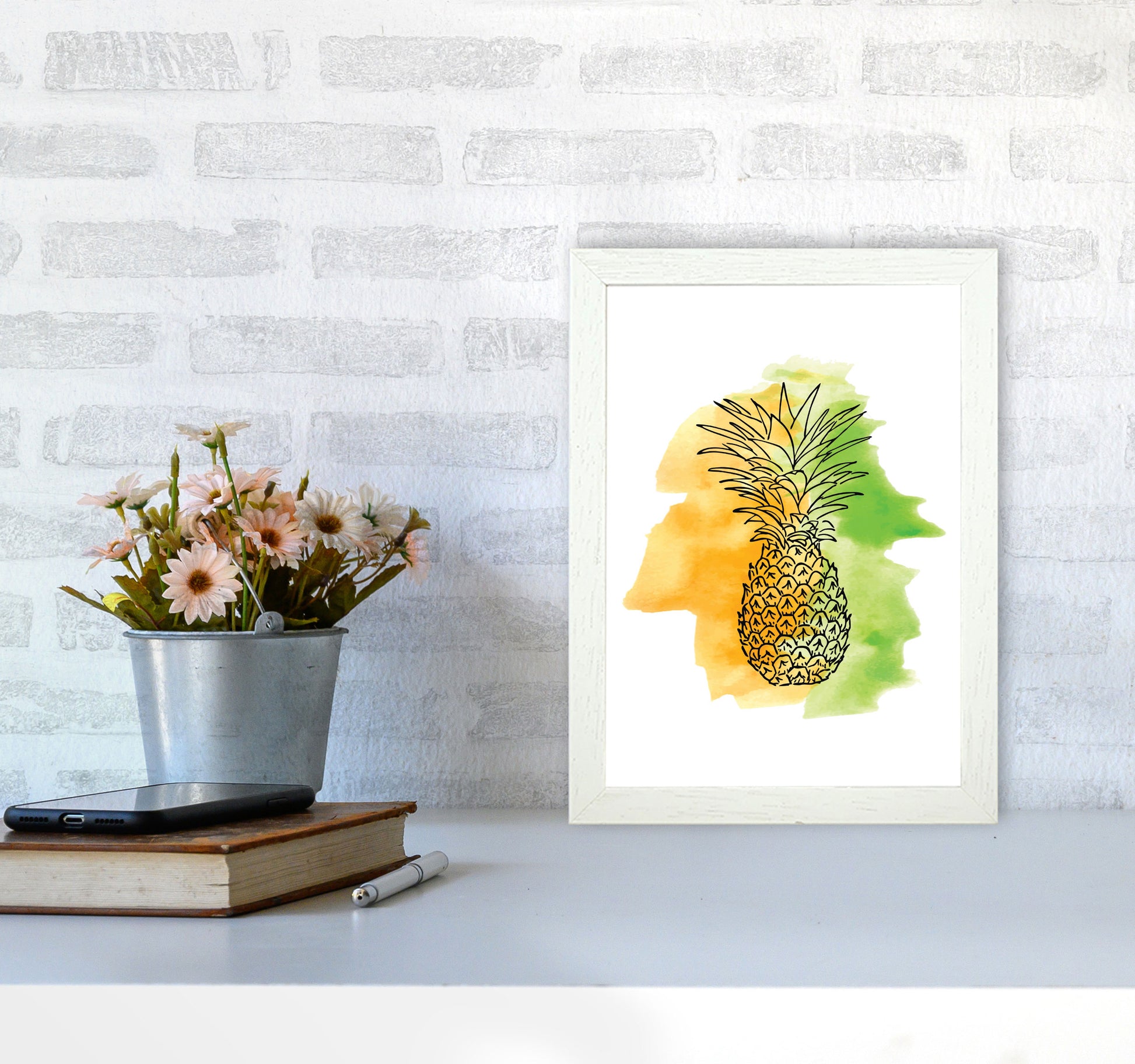 Orange And Green Pineapple Watercolour Modern Print A4 Oak Frame