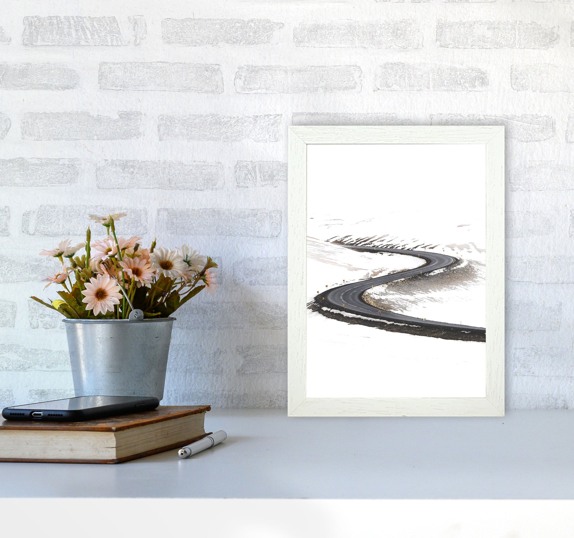 Snowy Road Pass Modern Print A4 Oak Frame