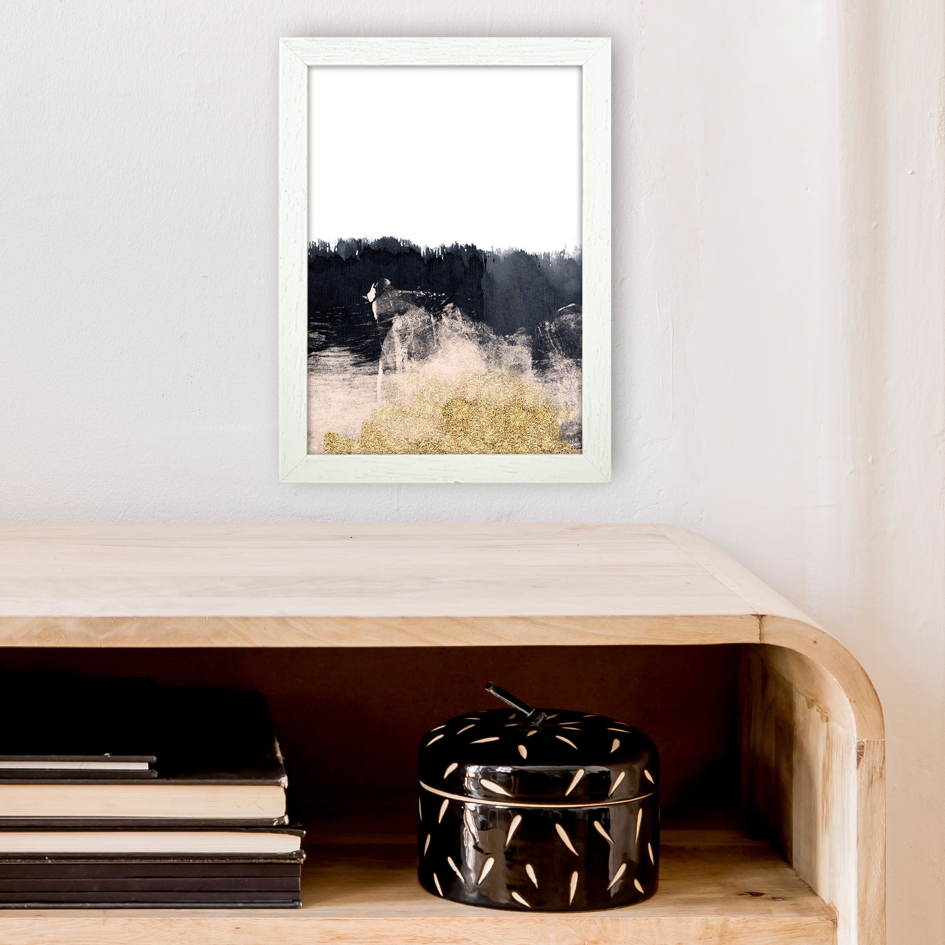 Lux Half Navy And Gold Paint Strokes  Art Print by Pixy Paper A4 Oak Frame