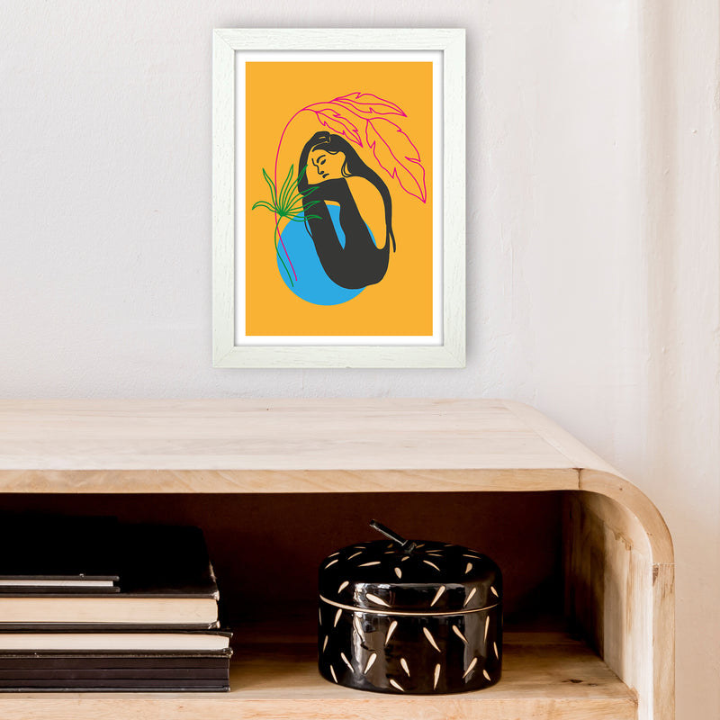 Girl Under Plant Yellow Neon Funk  Art Print by Pixy Paper A4 Oak Frame