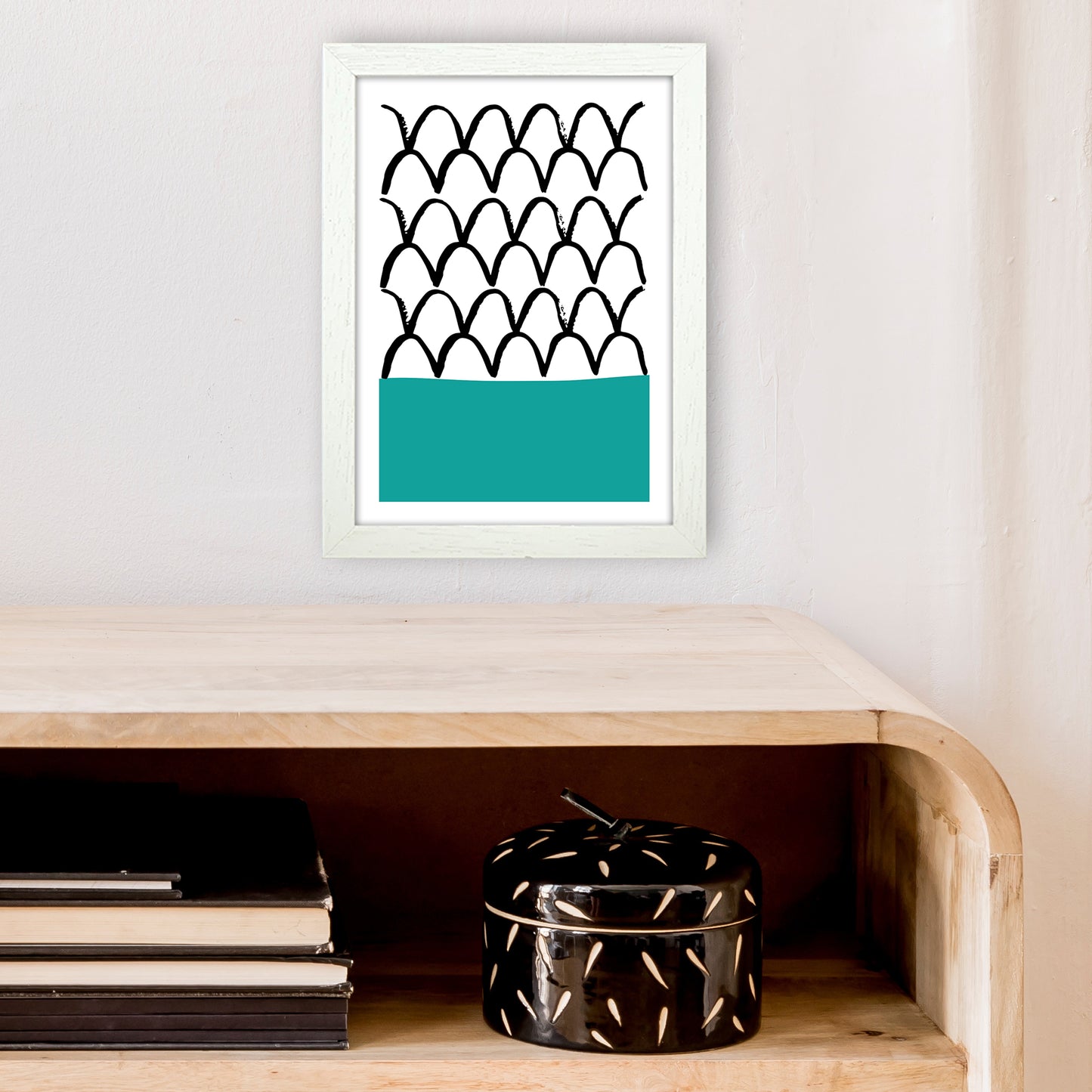 Teal Fishscales Neon Funk  Art Print by Pixy Paper A4 Oak Frame