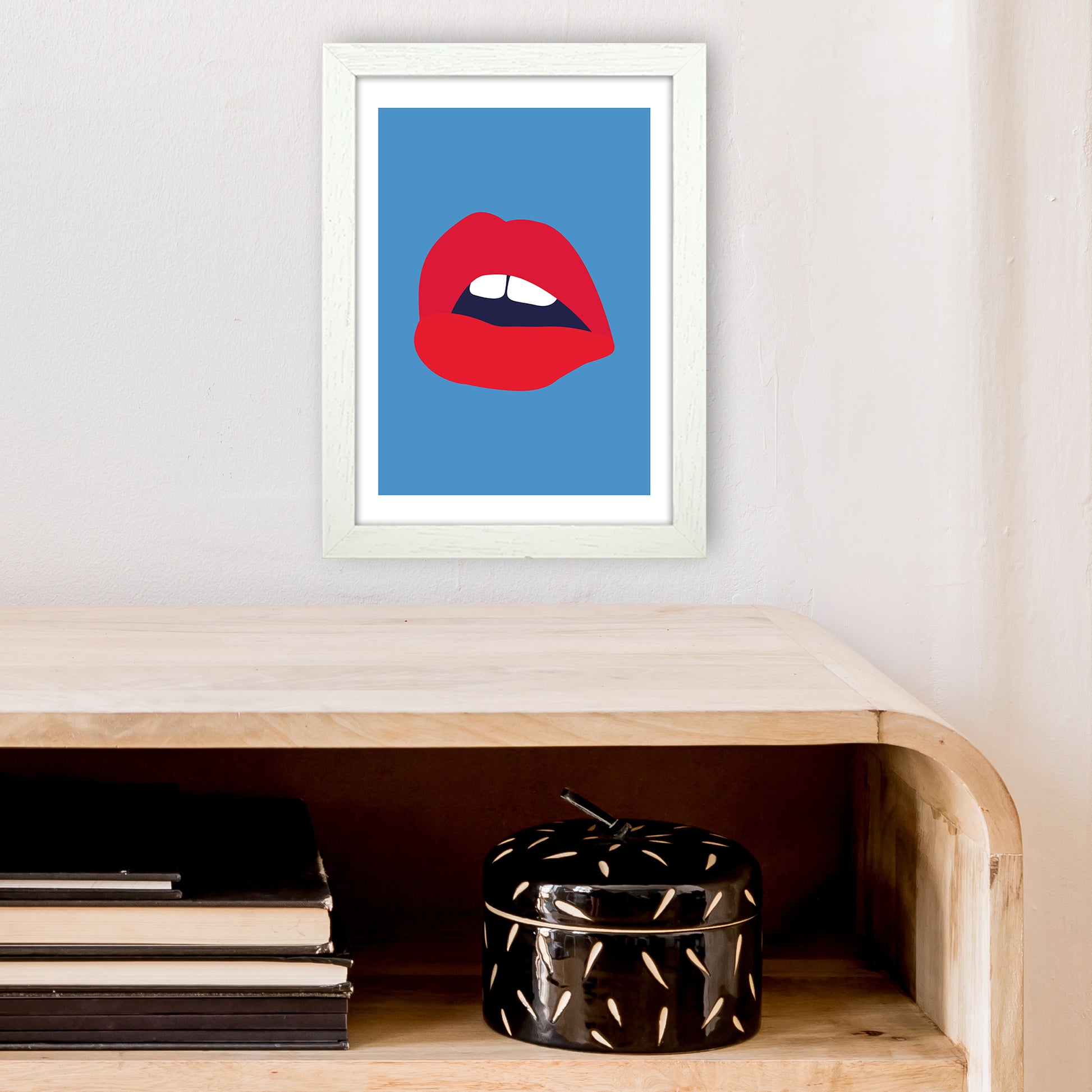 Red Lips Blue Back  Art Print by Pixy Paper A4 Oak Frame
