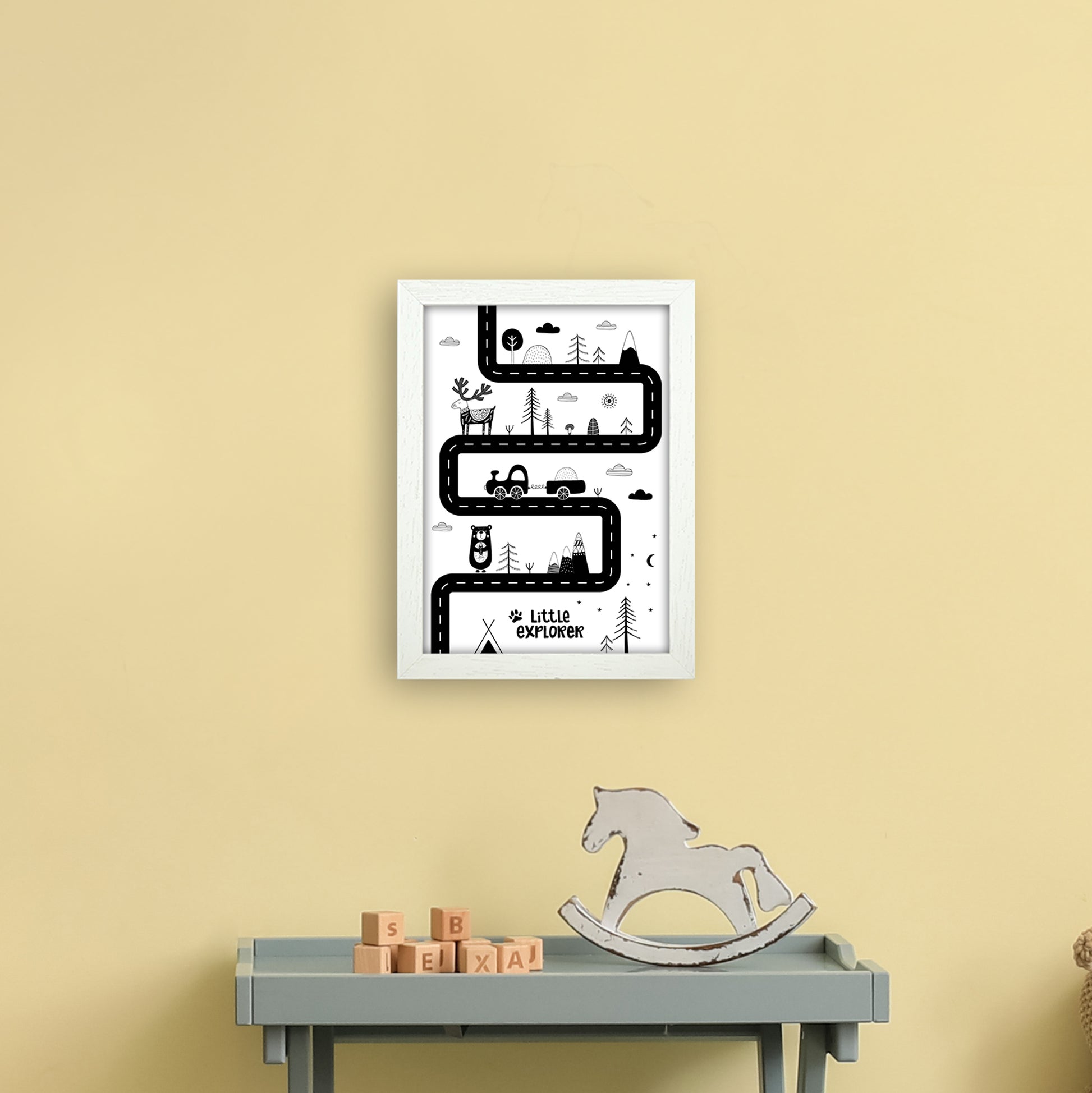 Little Explorer Track  Art Print by Pixy Paper A4 Oak Frame