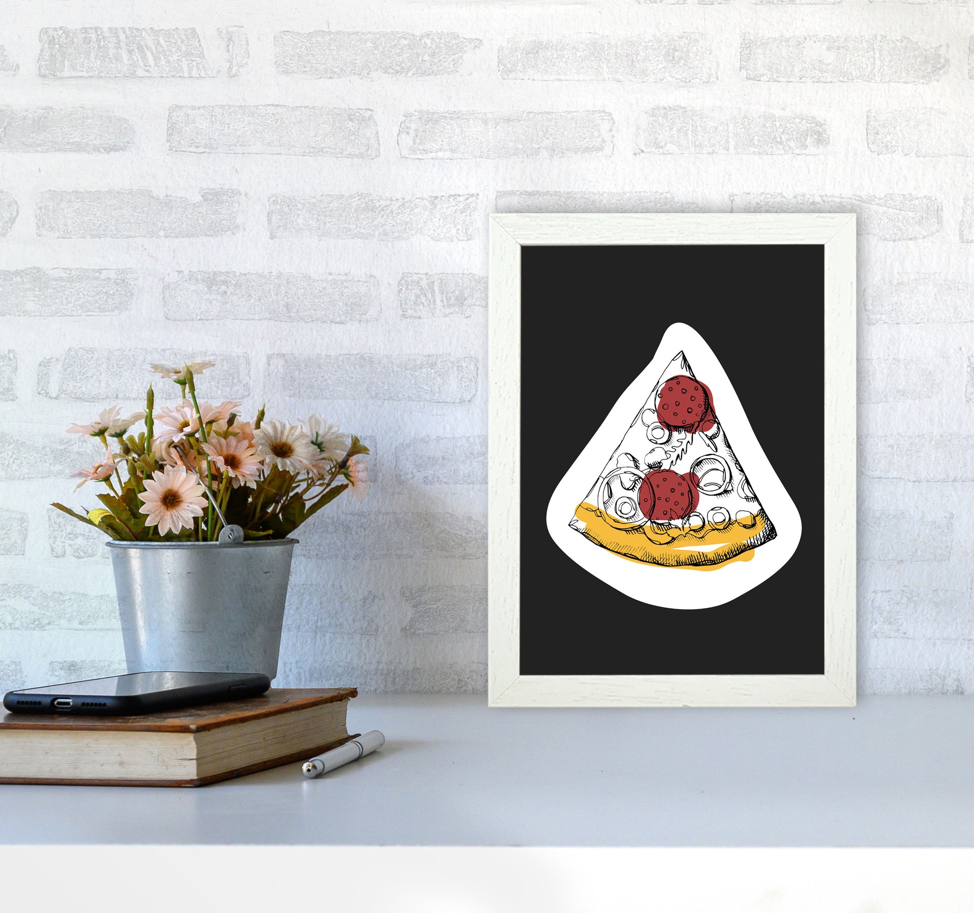 Kitchen Pop Pizza Off Black Art Print by Pixy Paper A4 Oak Frame