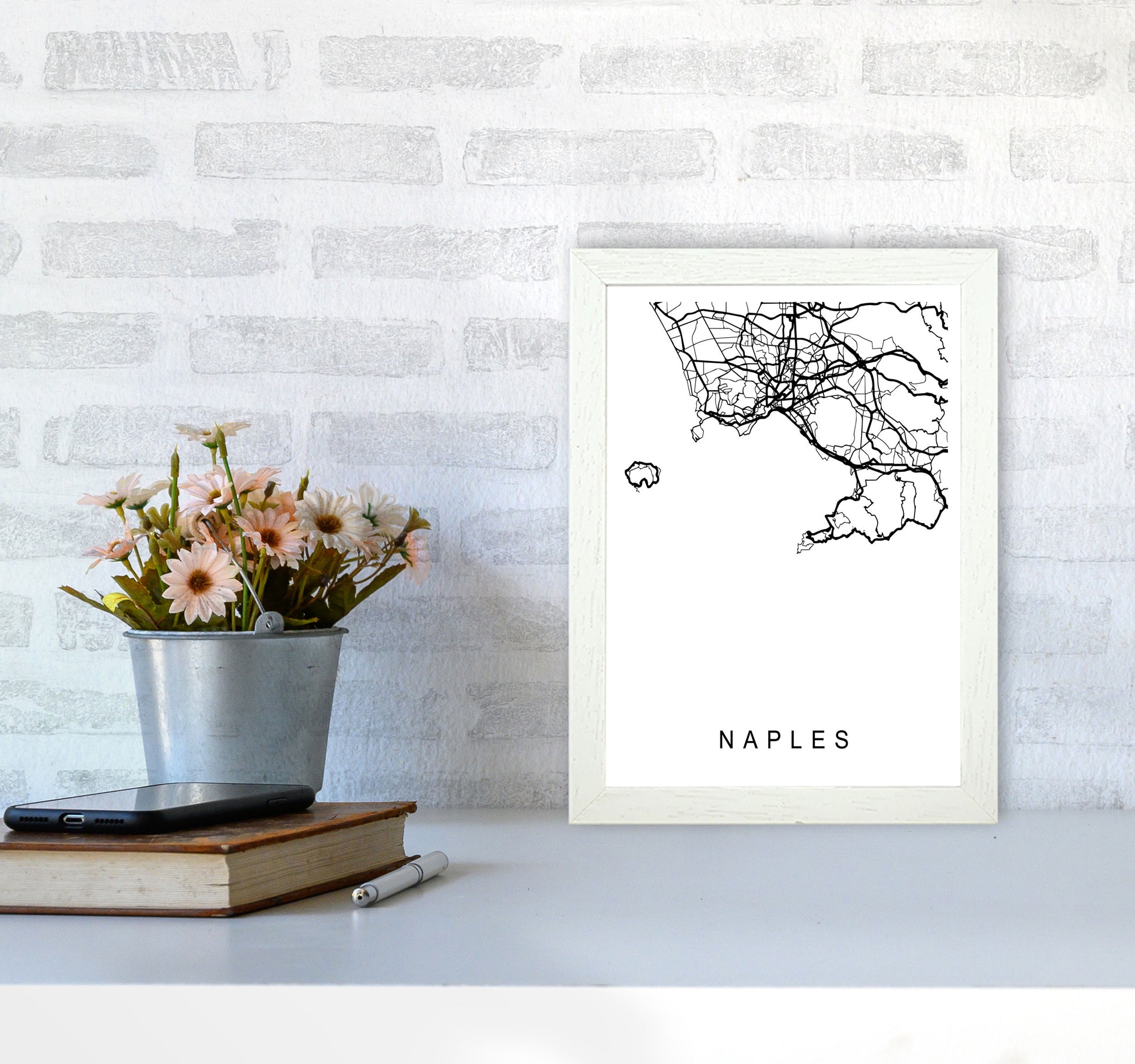 Naples Map Art Print by Pixy Paper A4 Oak Frame