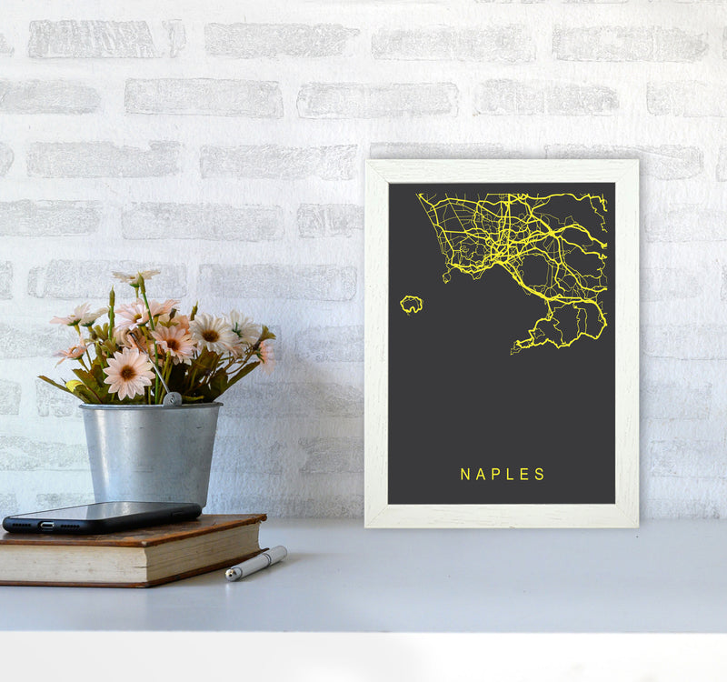 Naples Map Neon Art Print by Pixy Paper A4 Oak Frame