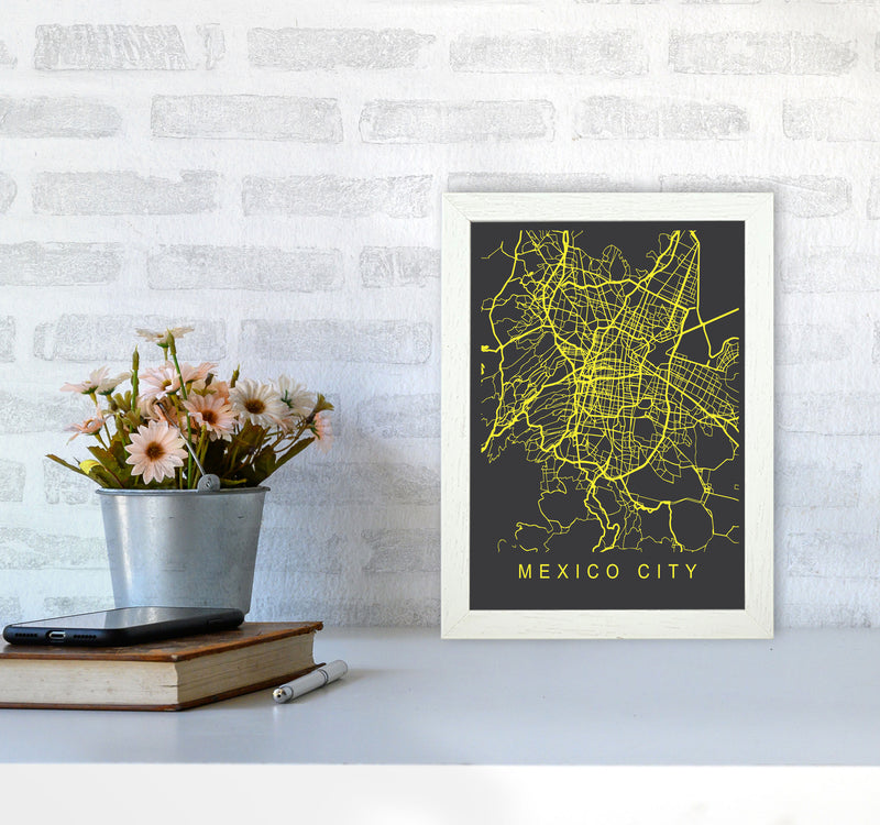 Mexico City Map Neon Art Print by Pixy Paper A4 Oak Frame