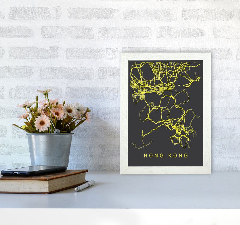 Hong Kong Map Neon Art Print by Pixy Paper A4 Oak Frame