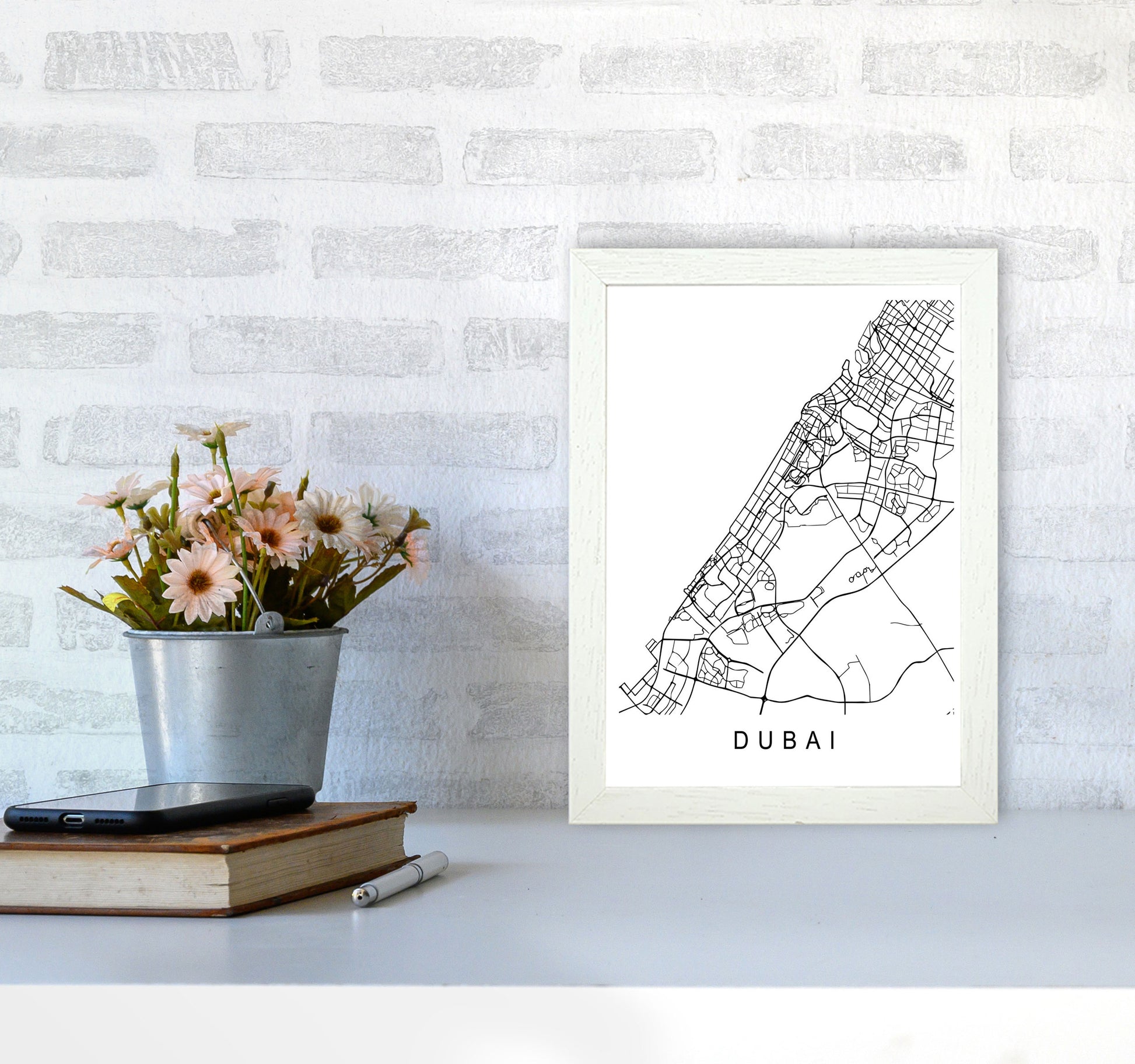 Dubai Map Art Print by Pixy Paper A4 Oak Frame