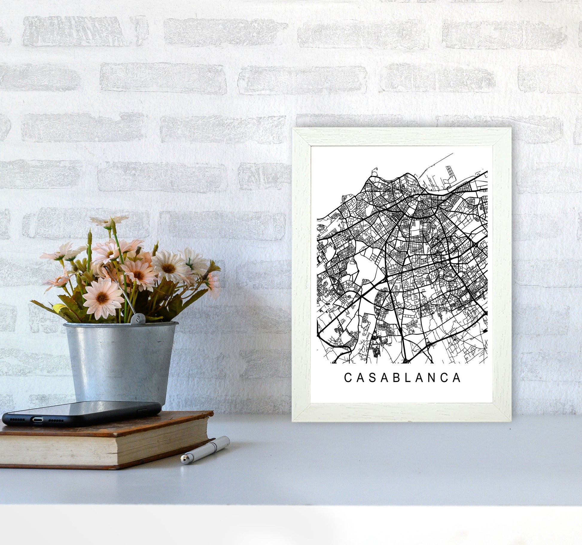 Casablanca Map Art Print by Pixy Paper A4 Oak Frame