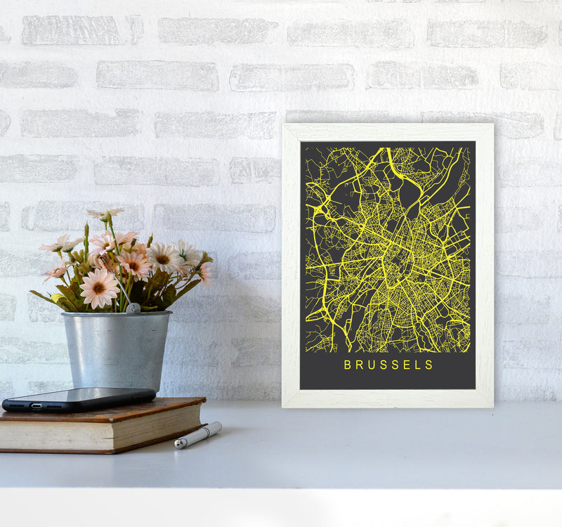 Brussels Map Neon Art Print by Pixy Paper A4 Oak Frame