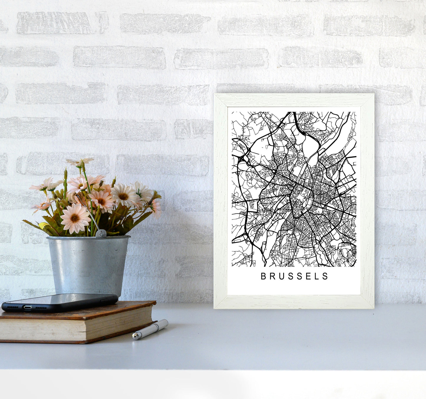 Brussels Map Art Print by Pixy Paper A4 Oak Frame