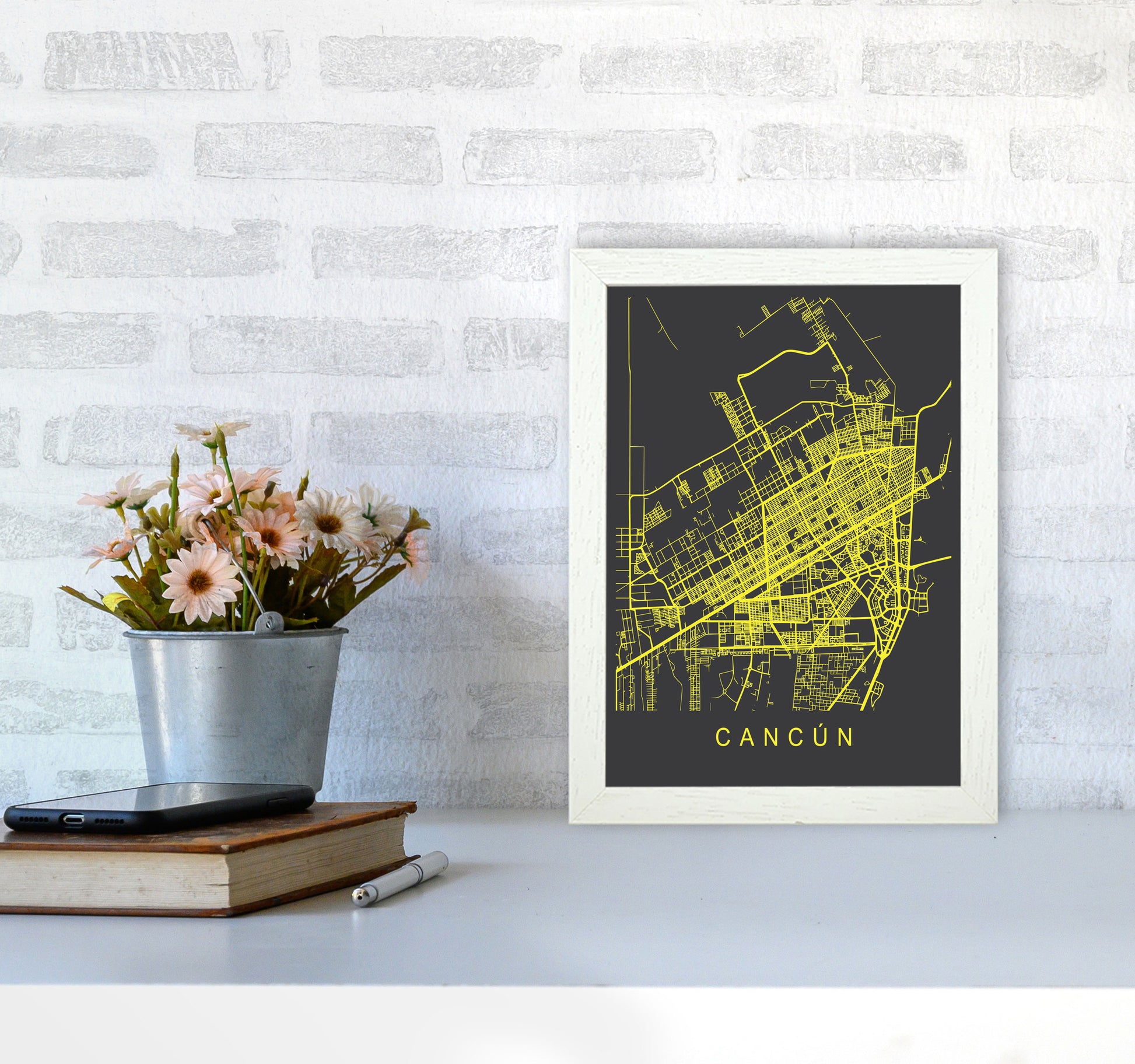 Cancun Map Neon Art Print by Pixy Paper A4 Oak Frame