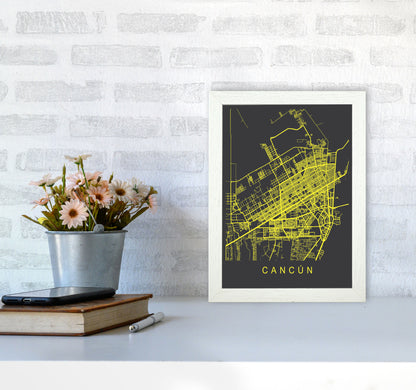 Cancun Map Neon Art Print by Pixy Paper A4 Oak Frame