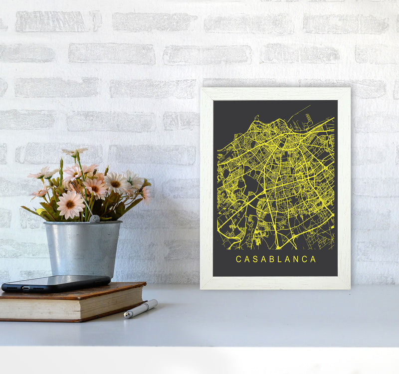 Casablanca Map Neon Art Print by Pixy Paper A4 Oak Frame