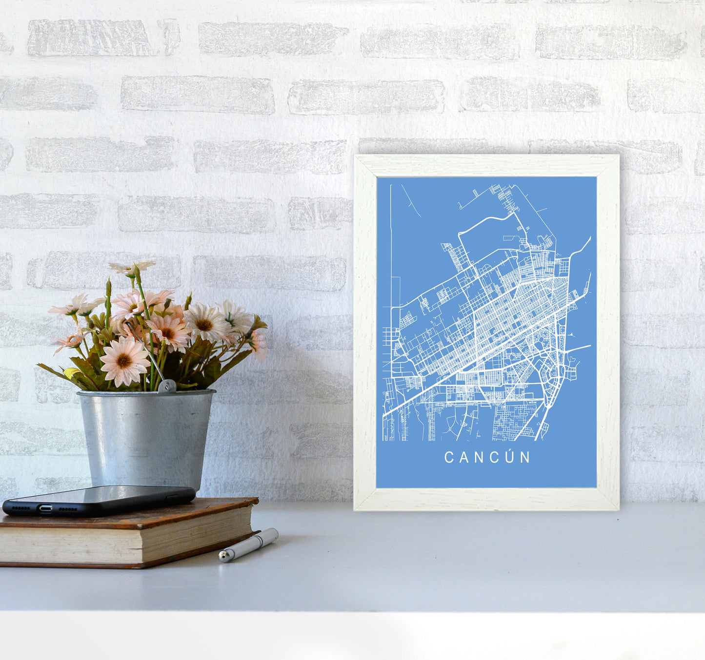 Cancun Map Blueprint Art Print by Pixy Paper A4 Oak Frame