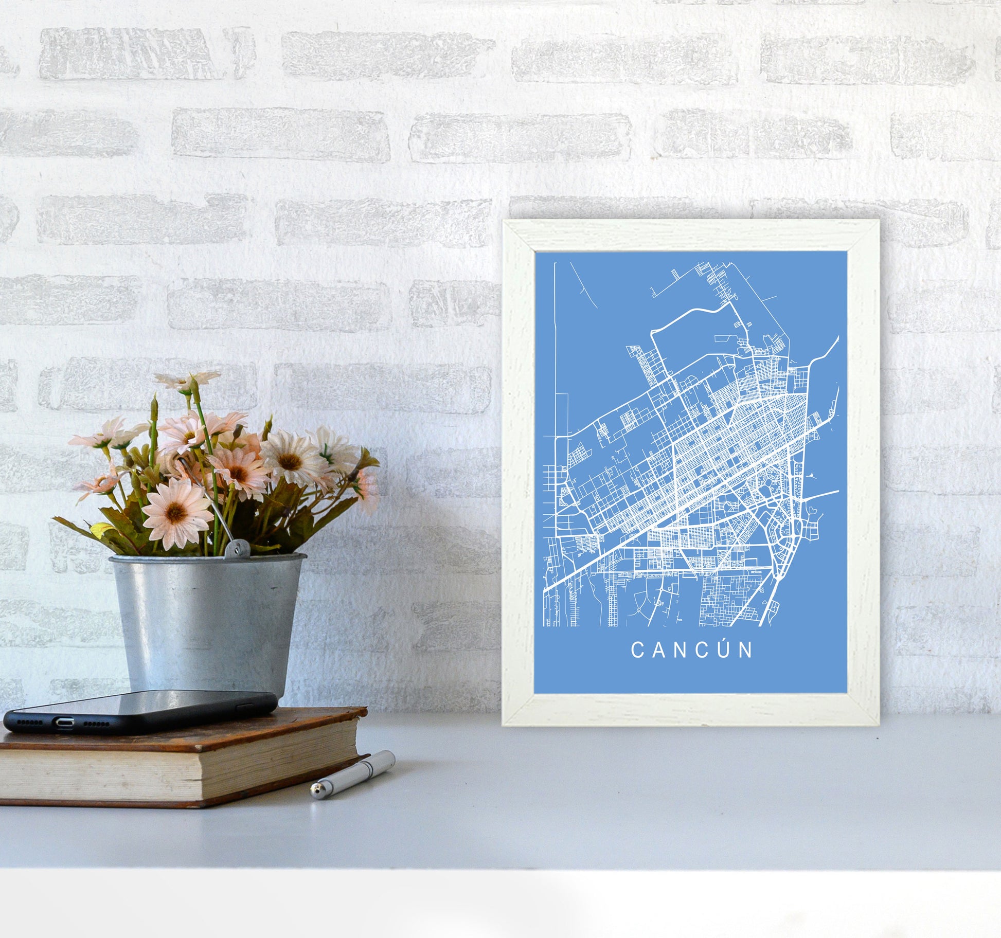 Cancun Map Blueprint Art Print by Pixy Paper A4 Oak Frame