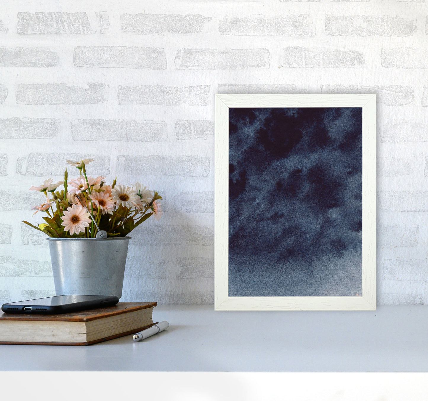Sand Navy Watercolour Art Print by Pixy Paper A4 Oak Frame
