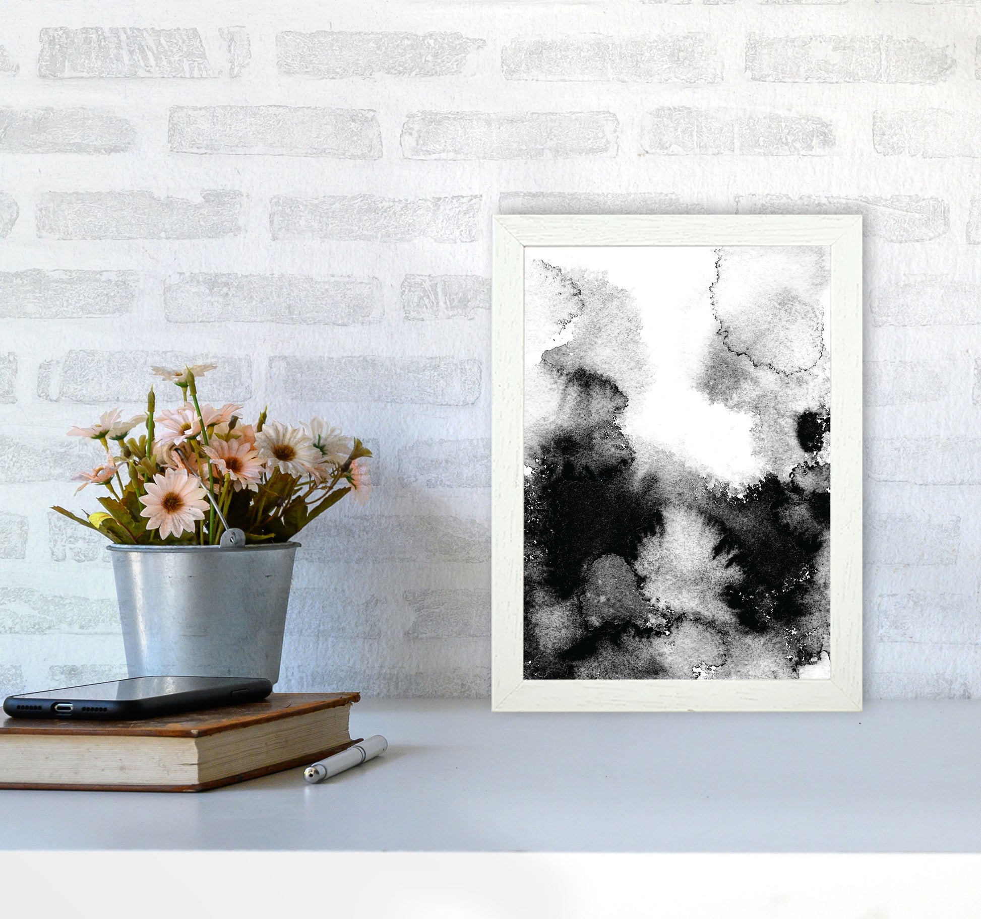 Majestic Monochrome Watercolour 12 Art Print by Pixy Paper A4 Oak Frame