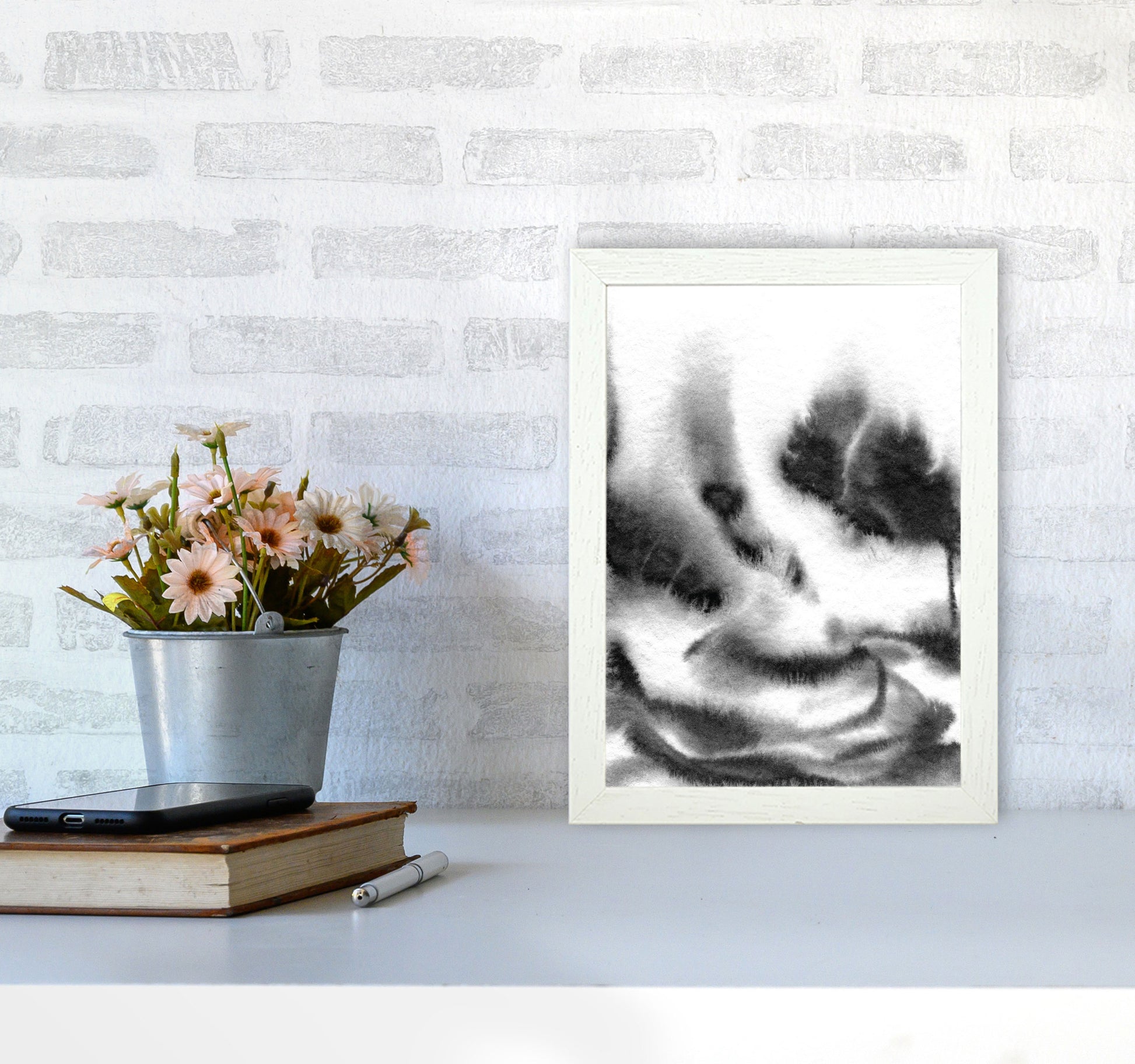 Majestic Monochrome Watercolour 06 Art Print by Pixy Paper A4 Oak Frame