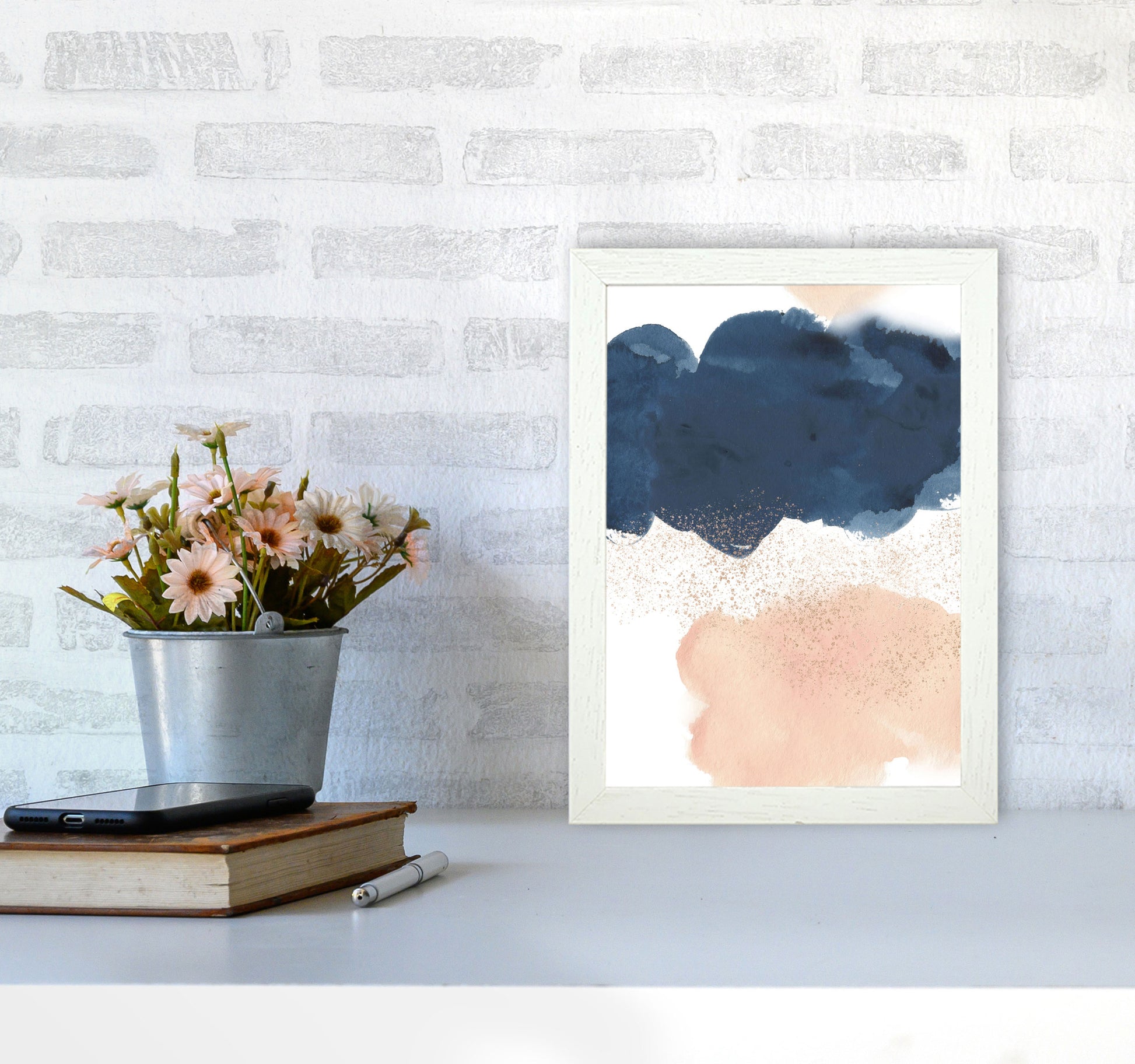 Aztec Blush and Navy Watercolour 03 Art Print by Pixy Paper A4 Oak Frame